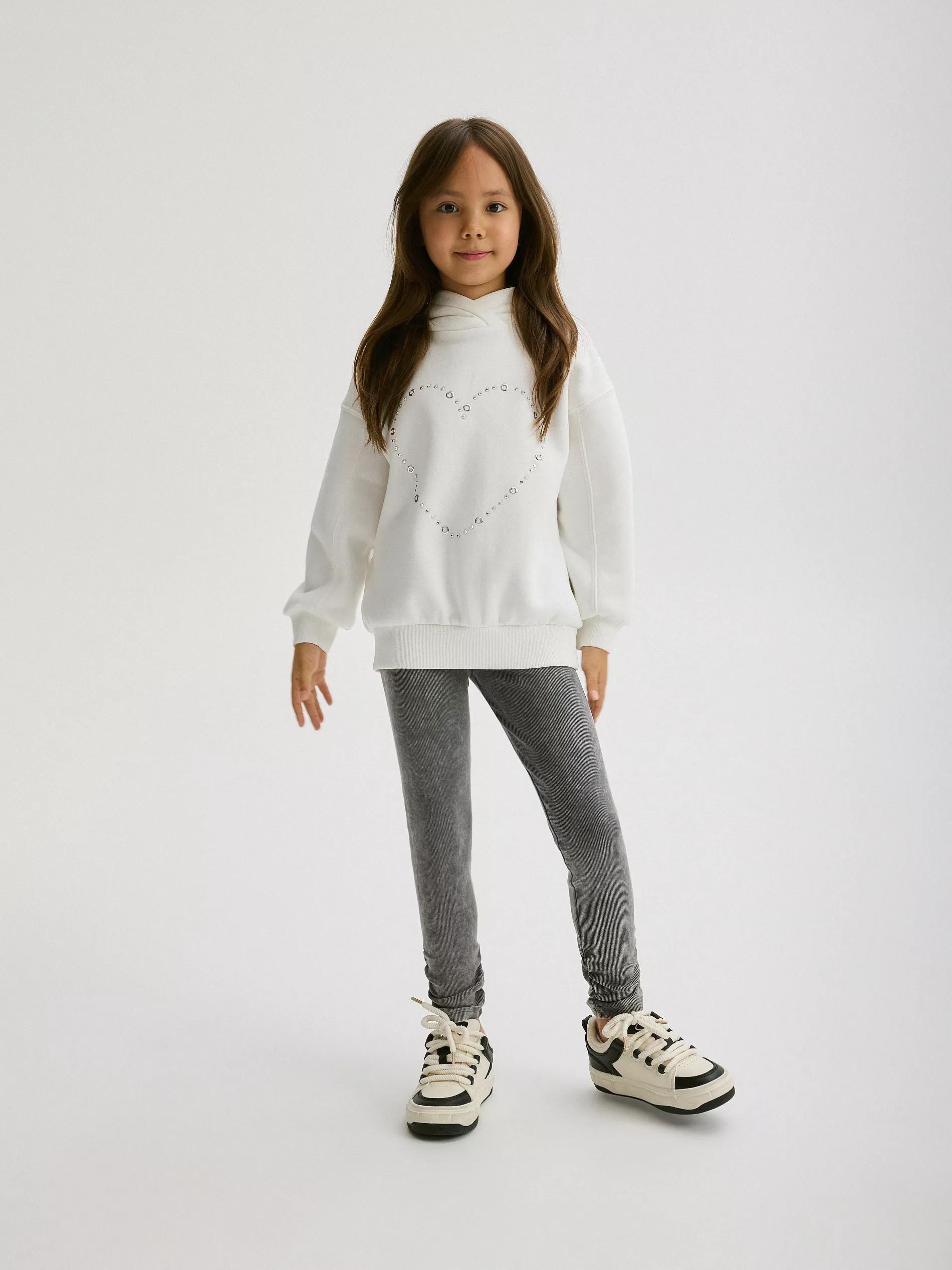 Grey Cotton Ribbed Leggings, Kids Girls, , large image number 0