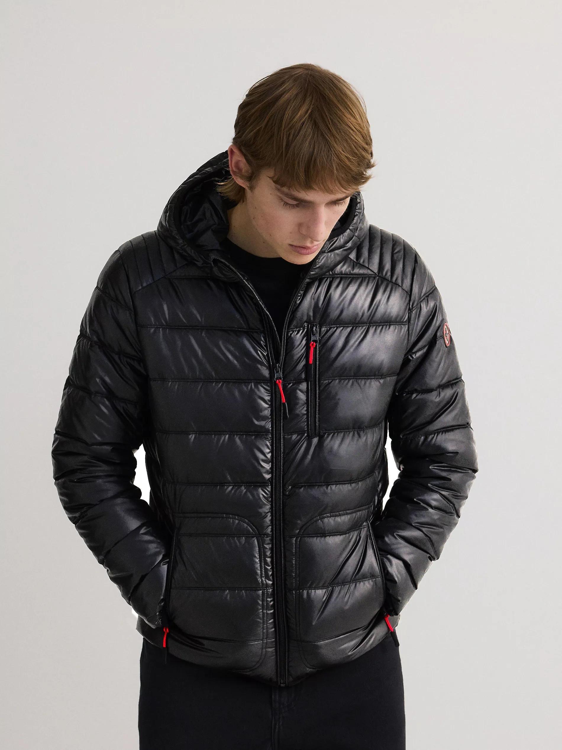 Black Hooded Quilted Jacket, , large image number 0