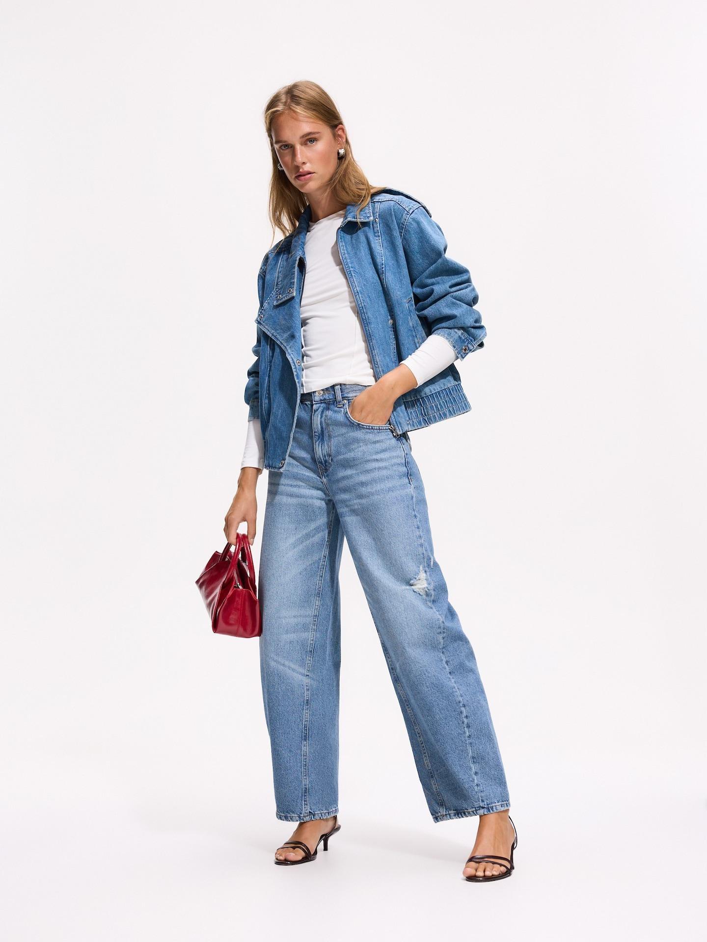 Blue Jeans Barrel Leg Jeans With Stitching, Blue, medium