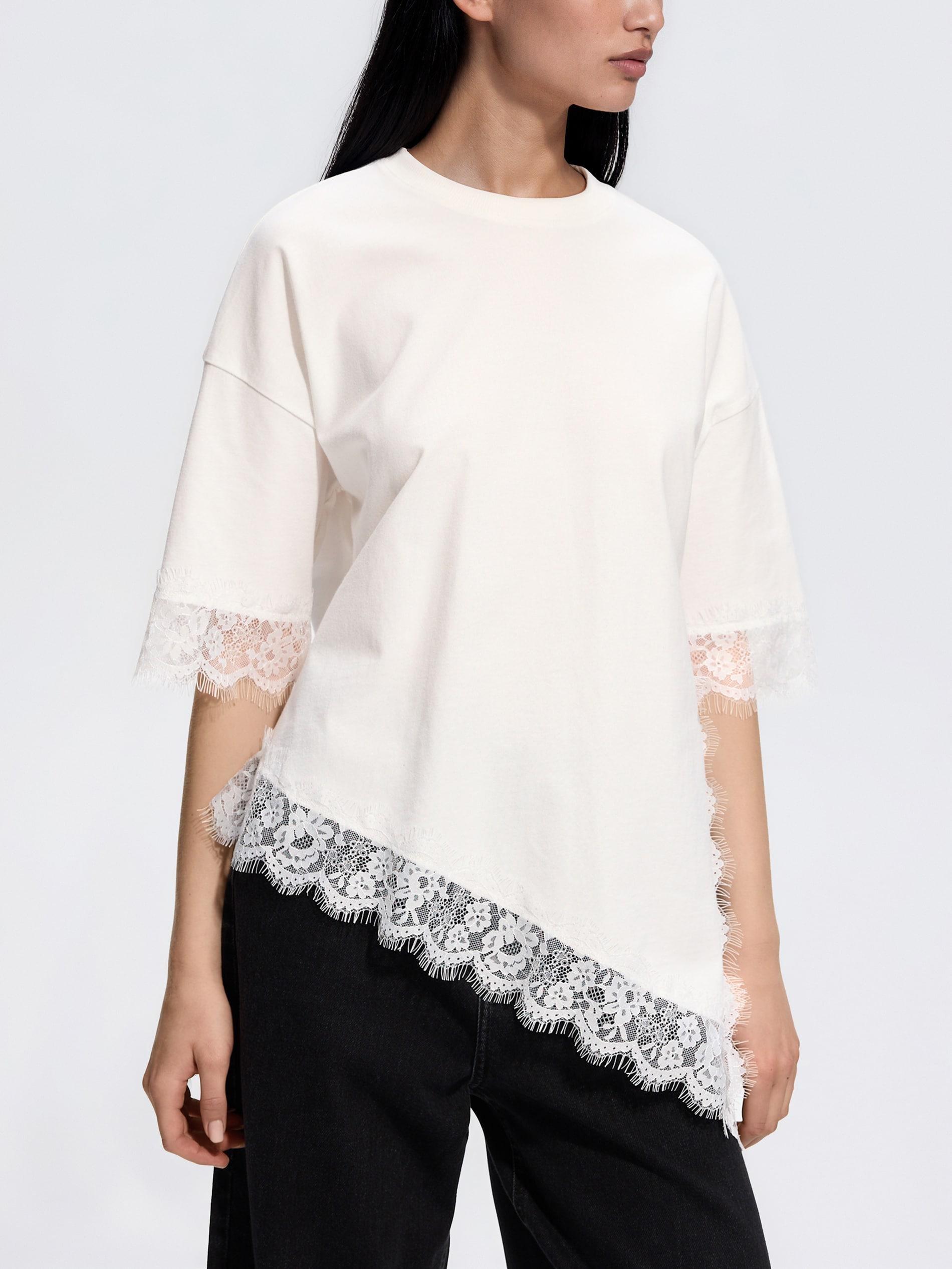 Cream T-Shirt With Lace, Ivory, medium