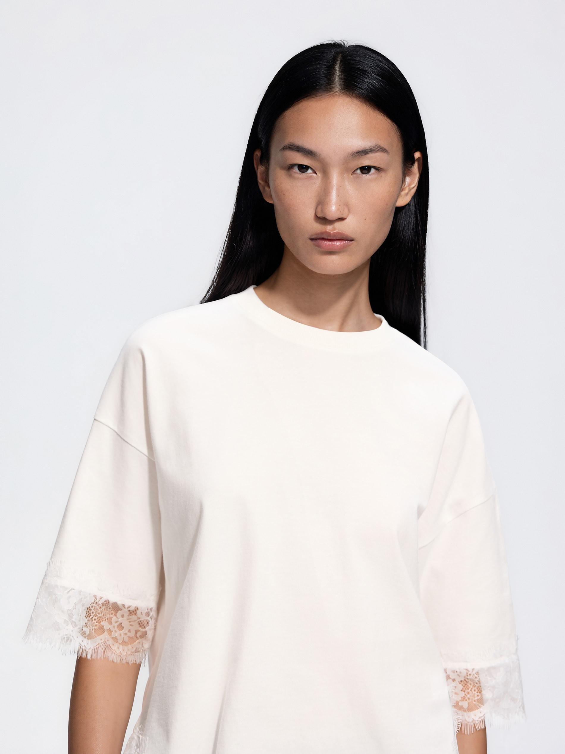 Cream T-Shirt With Lace, Ivory, medium