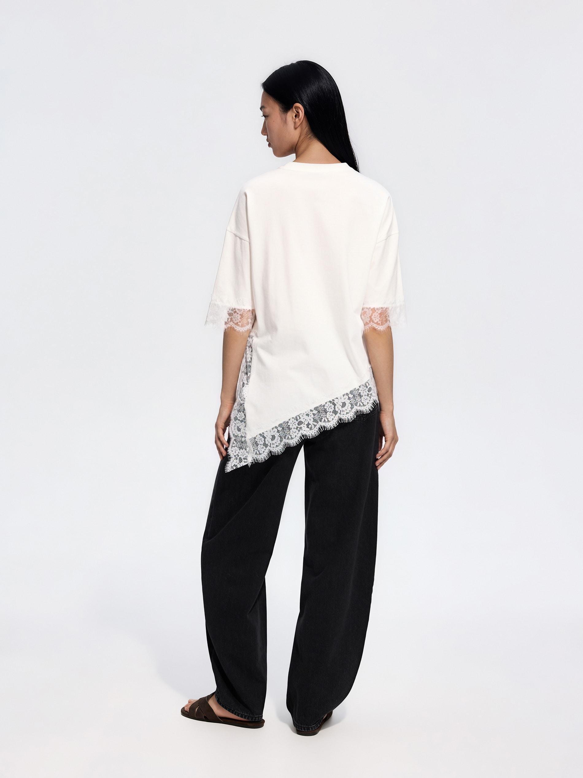 Cream T-Shirt With Lace, Ivory, large image number 3
