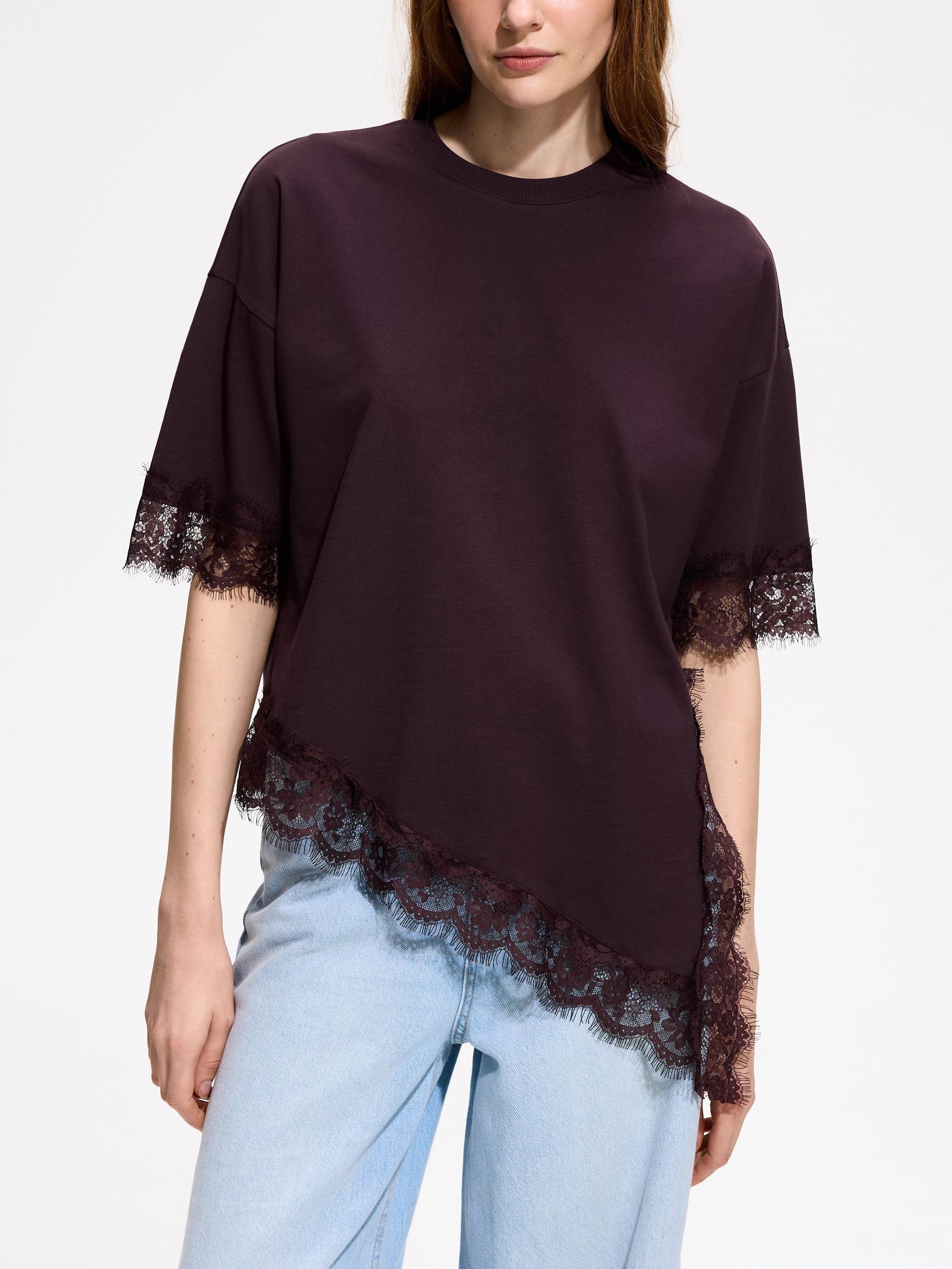 Maroon T-Shirt With Lace, Burgundy, medium