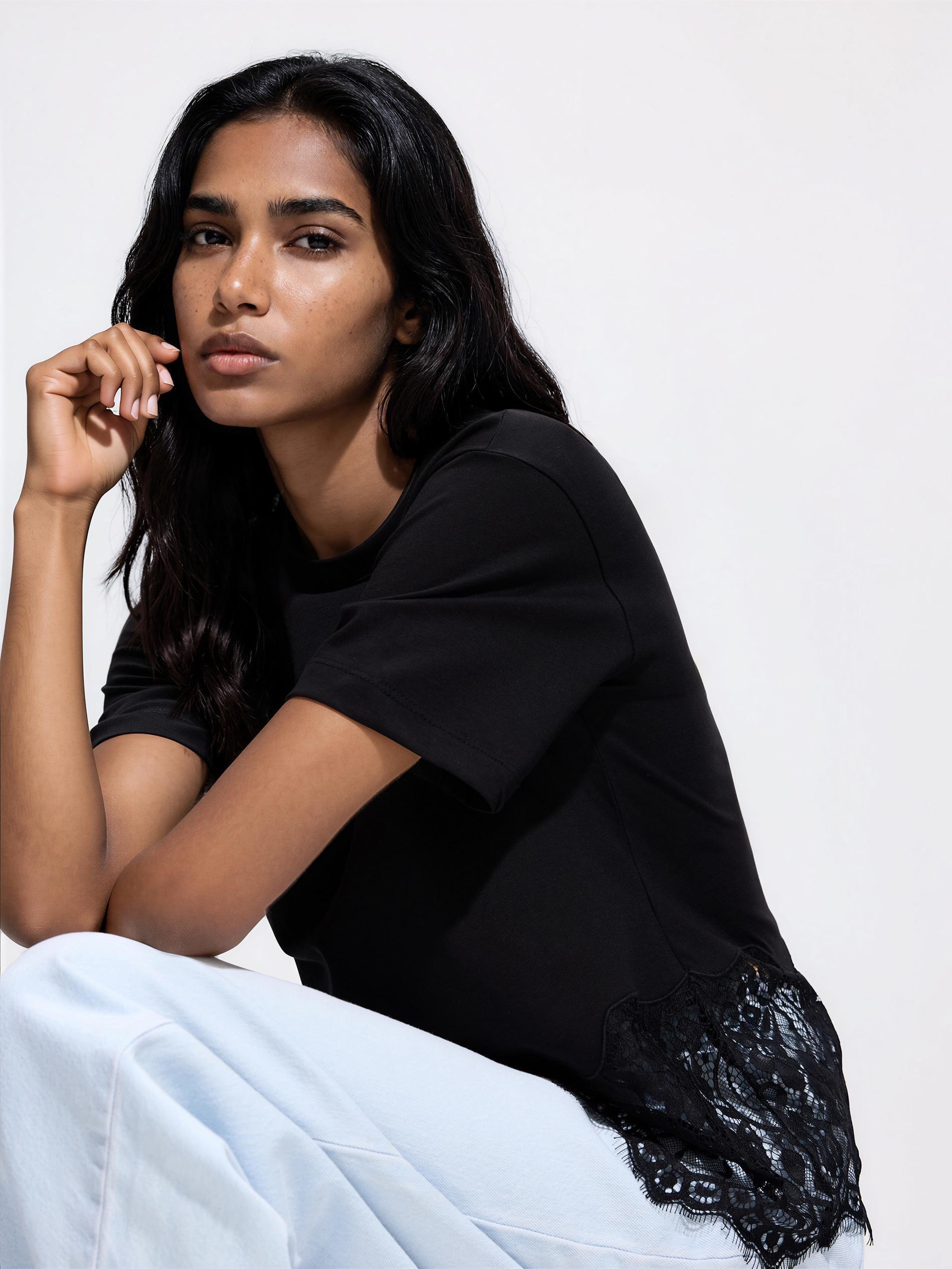 تيشيرت مع دانتيل أسود, Black, medium