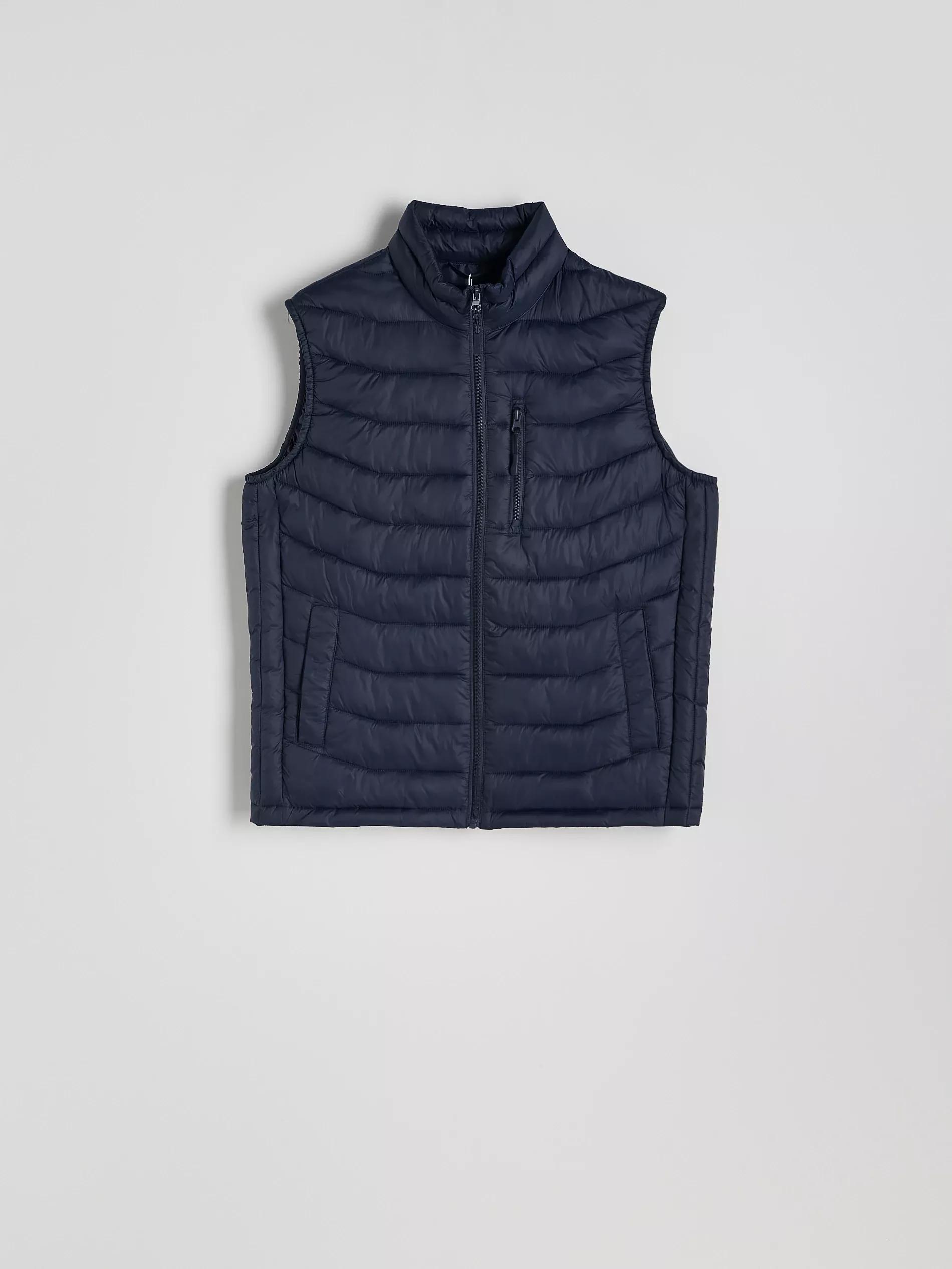 Navy Quilted Vest With High Collar, , medium