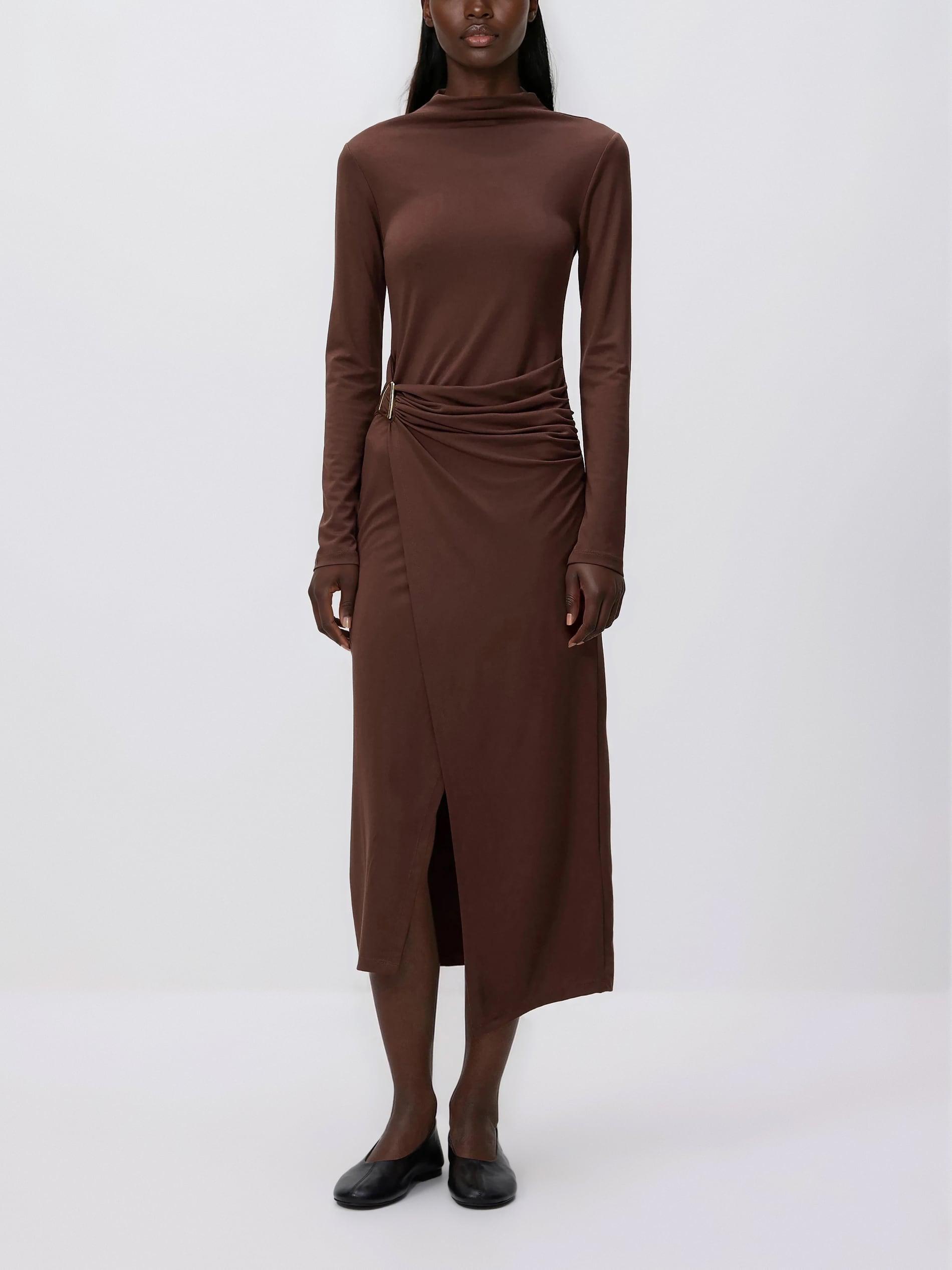 Brown Midi Dress With Draping, Brown, large image number 0