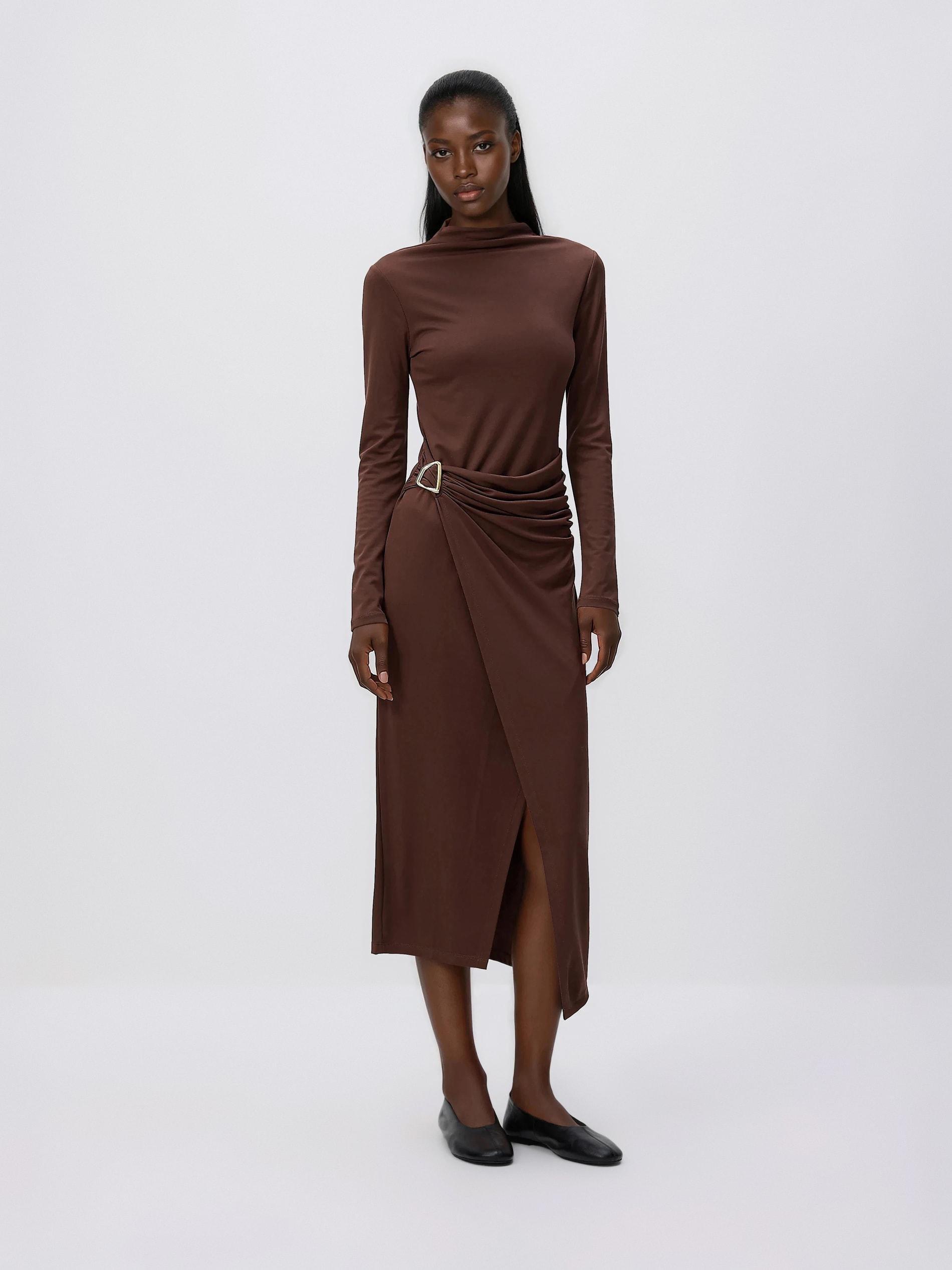 Brown Midi Dress With Draping, Brown, medium