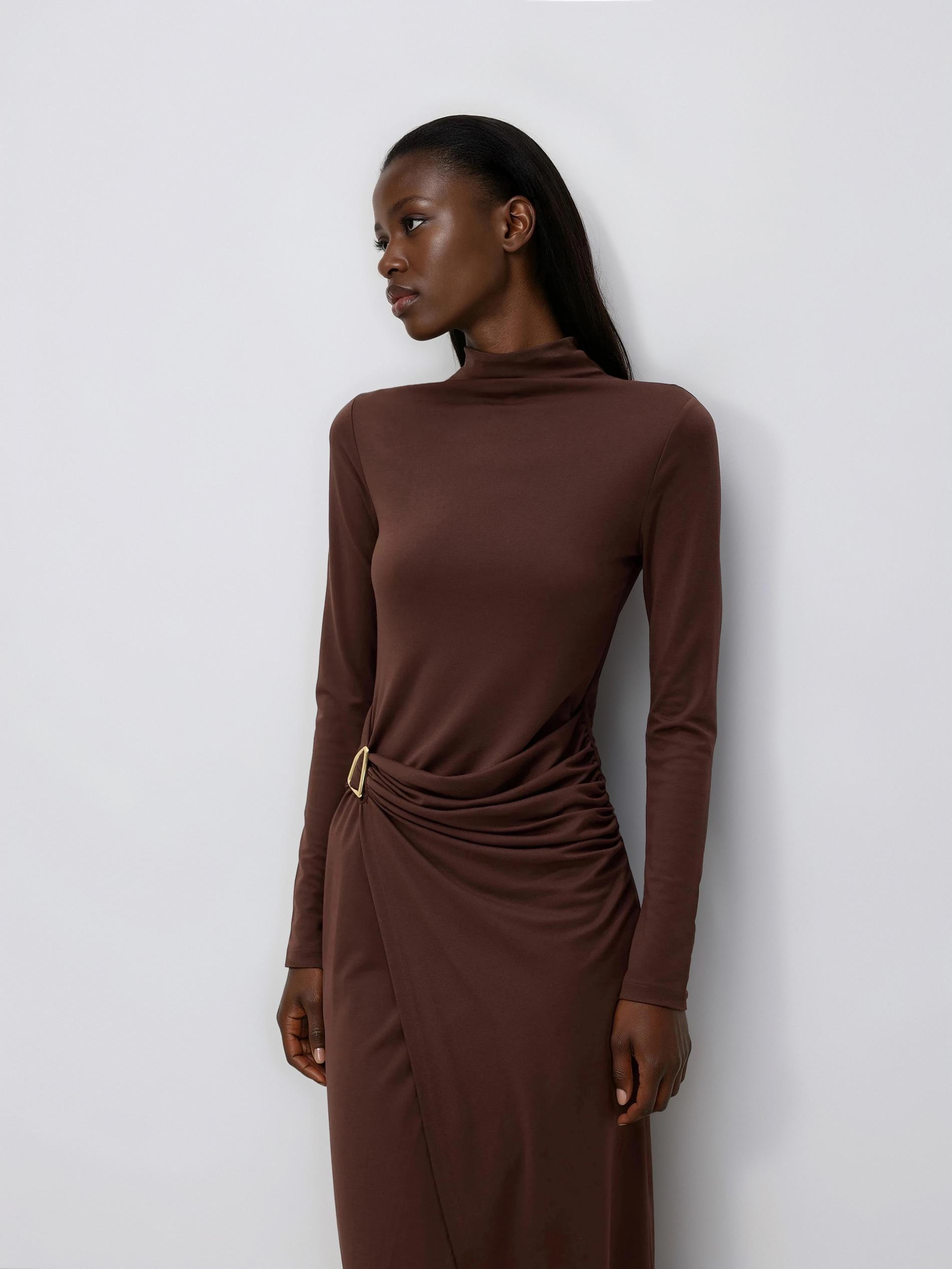 Brown Midi Dress With Draping, Brown, large image number 3