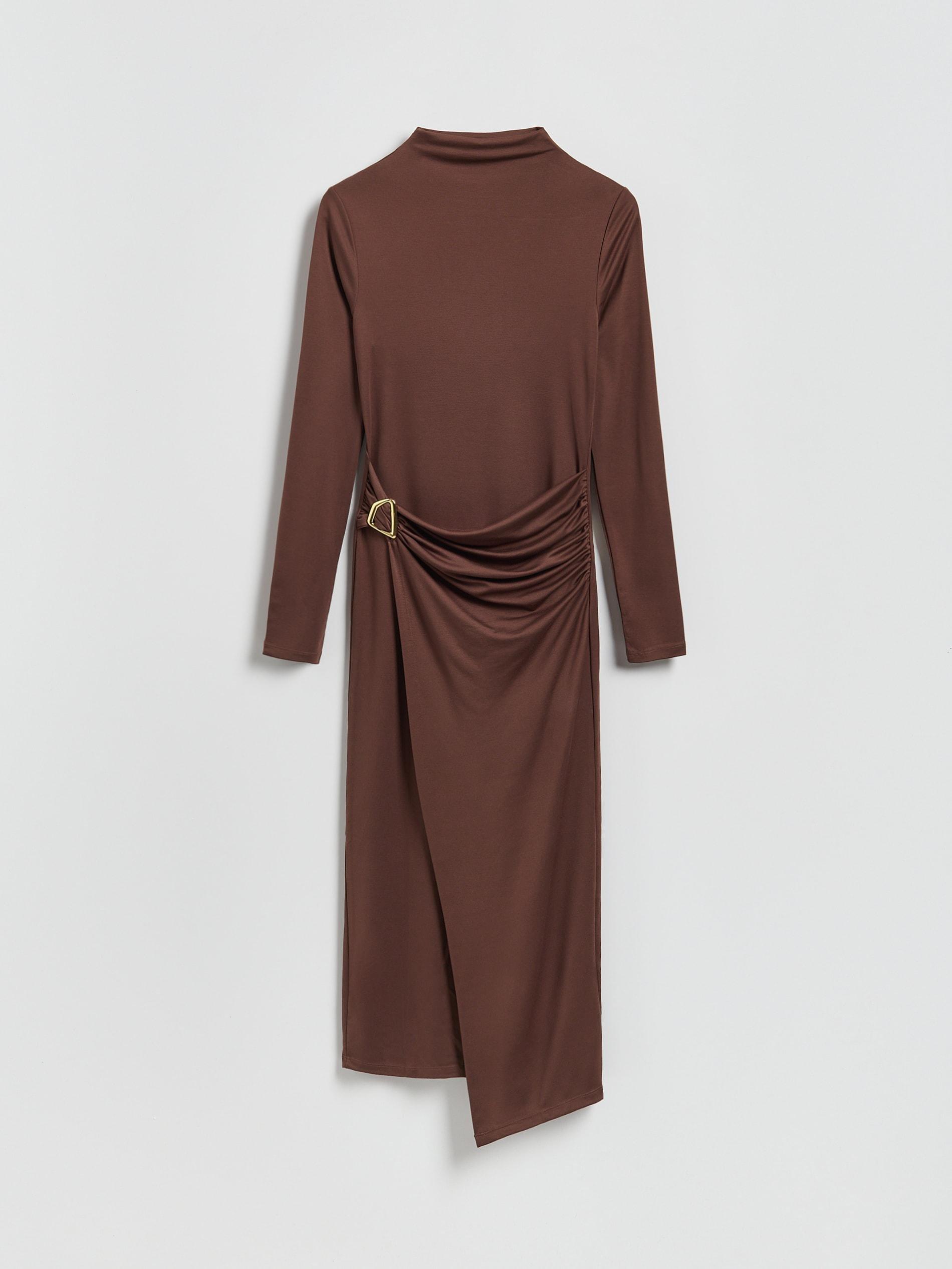 Brown Midi Dress With Draping, Brown, large image number 4