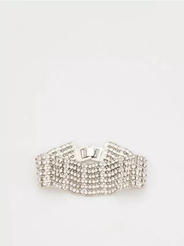 Silver Wide Bracelet With Glitter Stones, Silver, large image number 0
