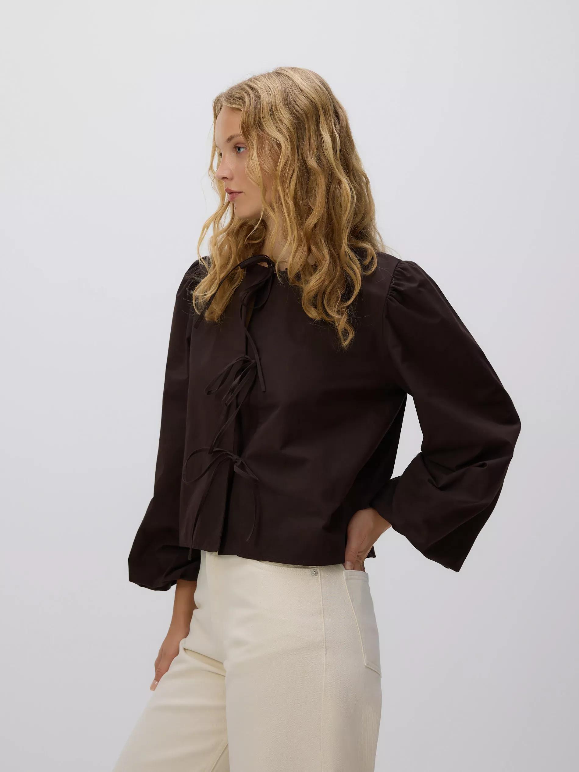 Brown Cotton Blouse With Tie Detail, , large image number 0