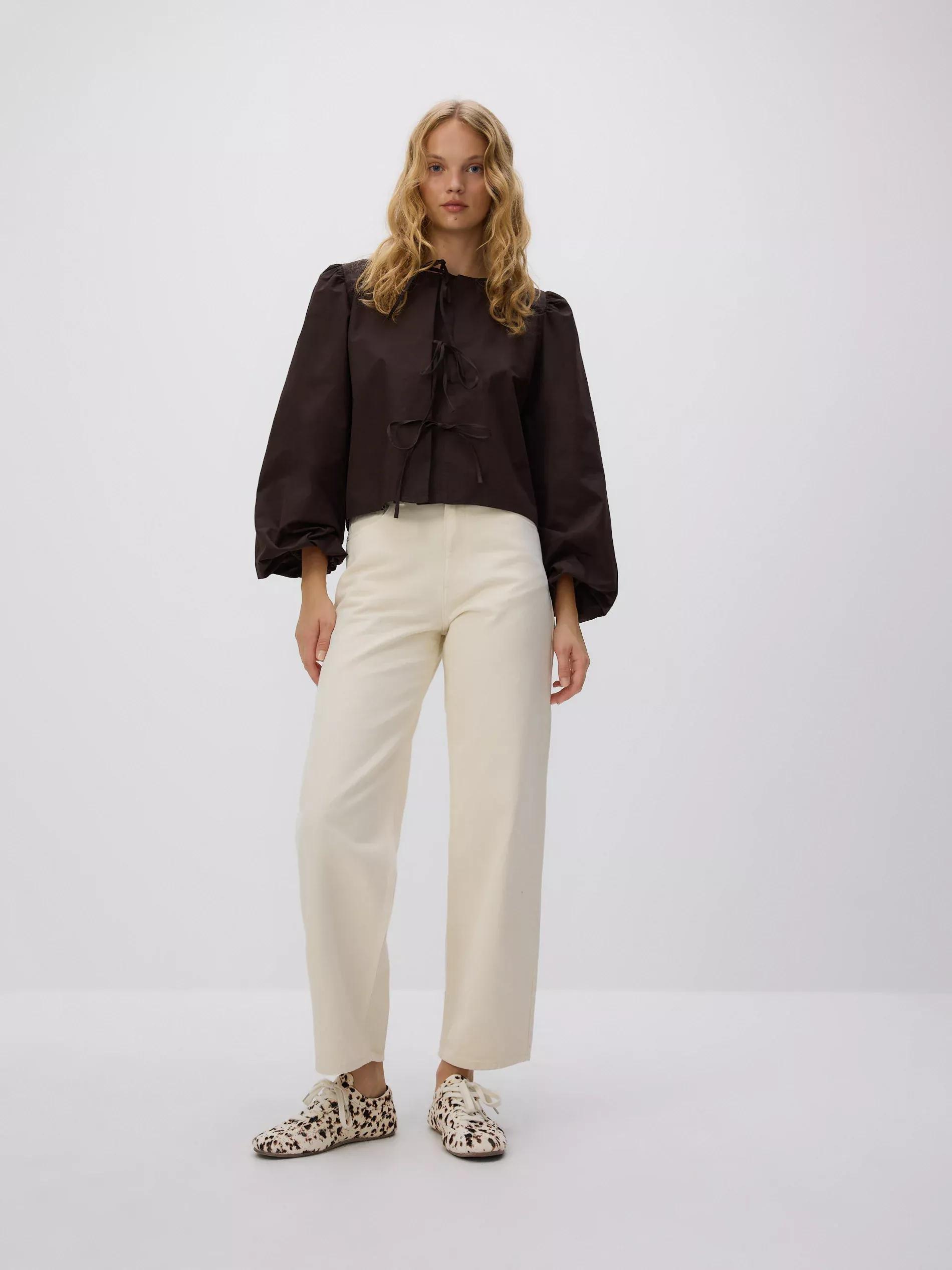 Brown Cotton Blouse With Tie Detail, , large image number 1