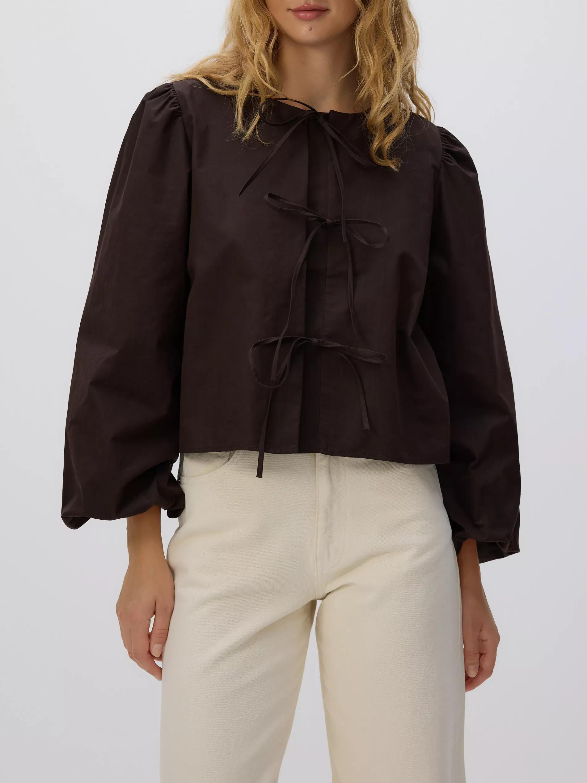 Brown Cotton Blouse With Tie Detail, , large image number 2