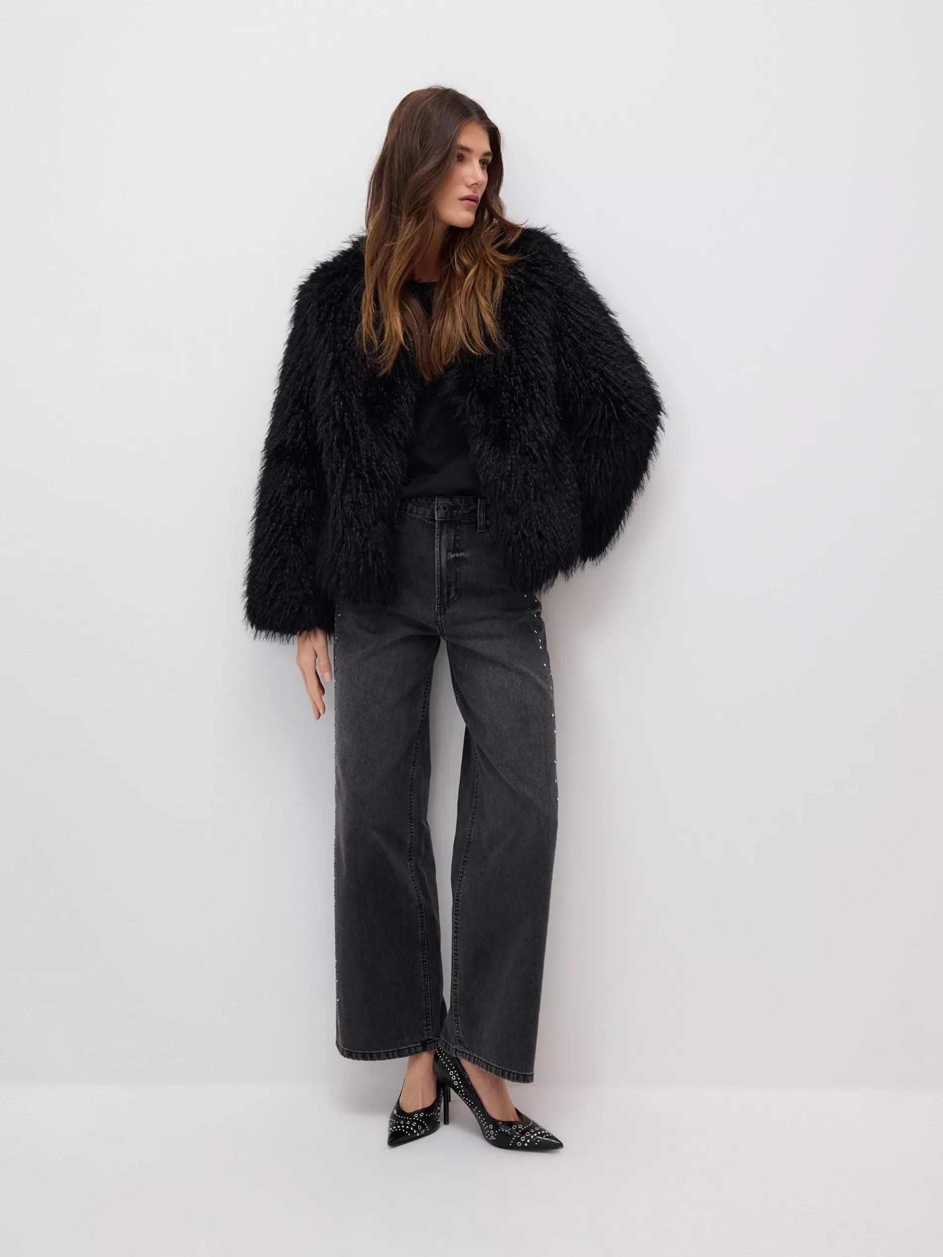 Black Faux Fur Jacket, Black, large image number 1