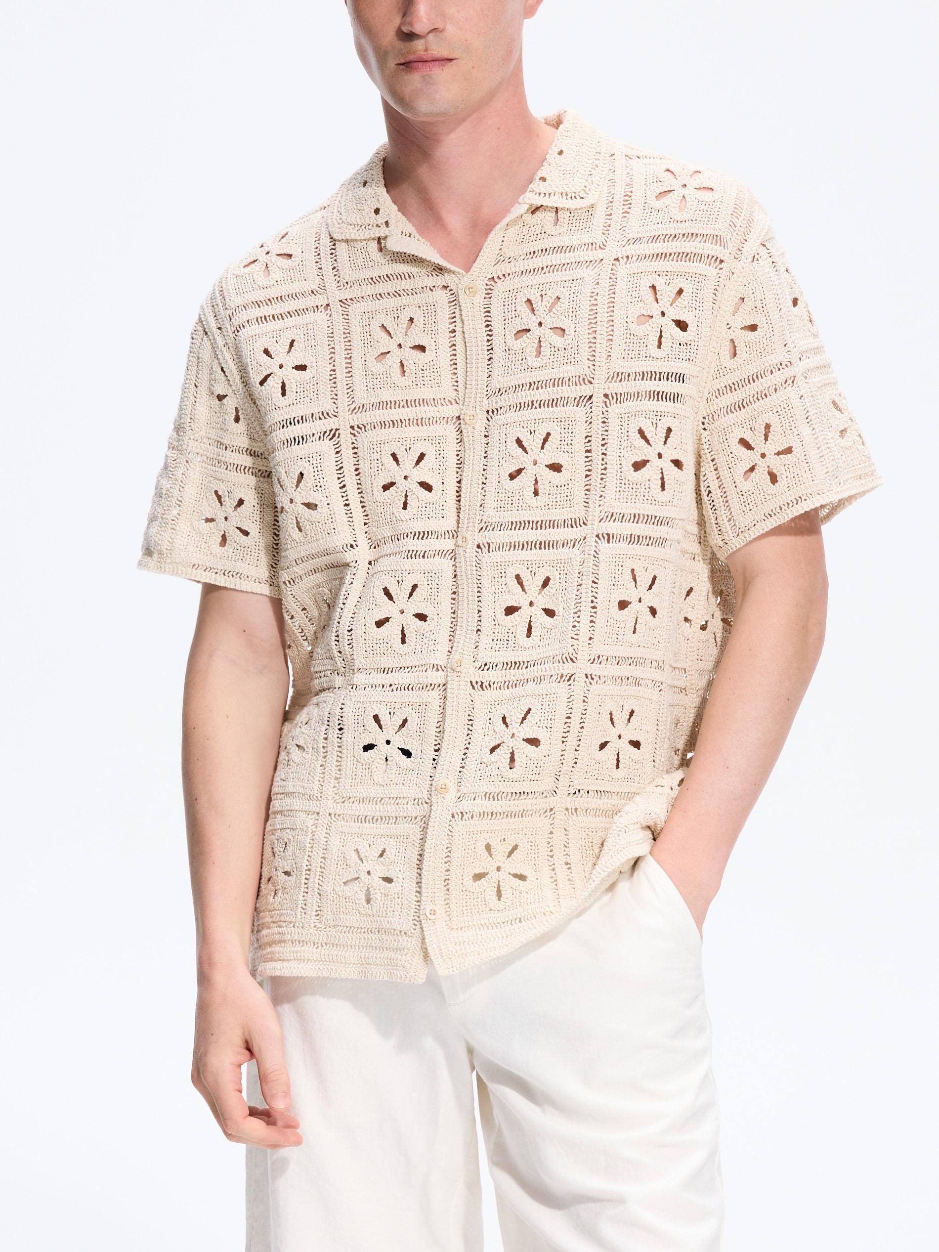 Beige Broderie Anglaise Cotton Shirt, Ivory, large image number 1