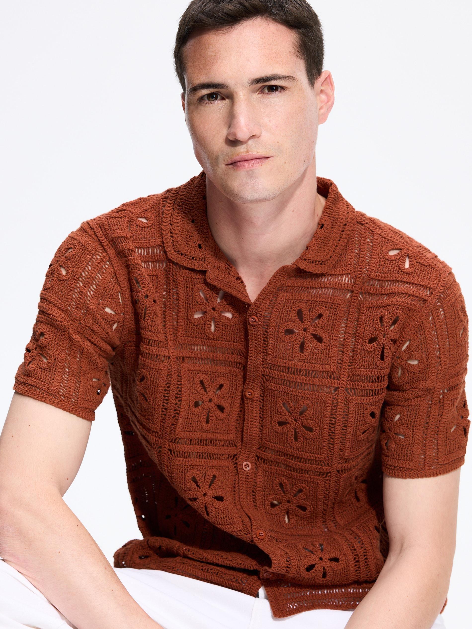 Brown Broderie Anglaise Cotton Shirt, Brown, medium