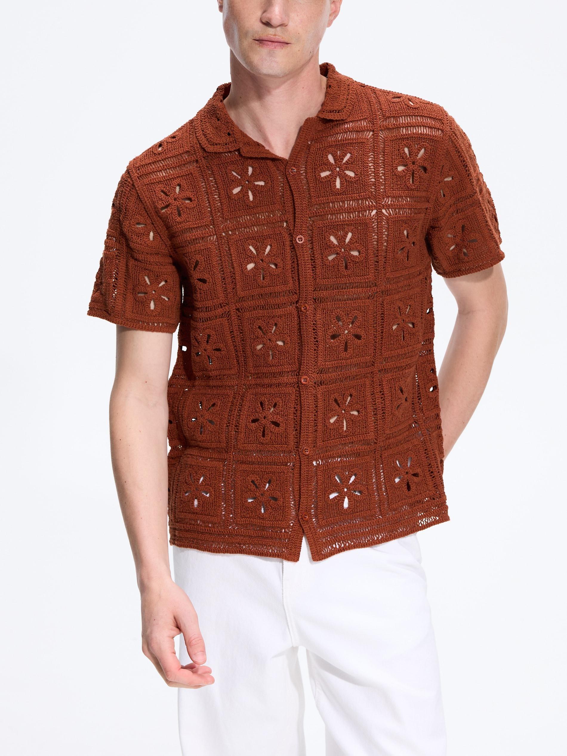 Brown Broderie Anglaise Cotton Shirt, Brown, large image number 1