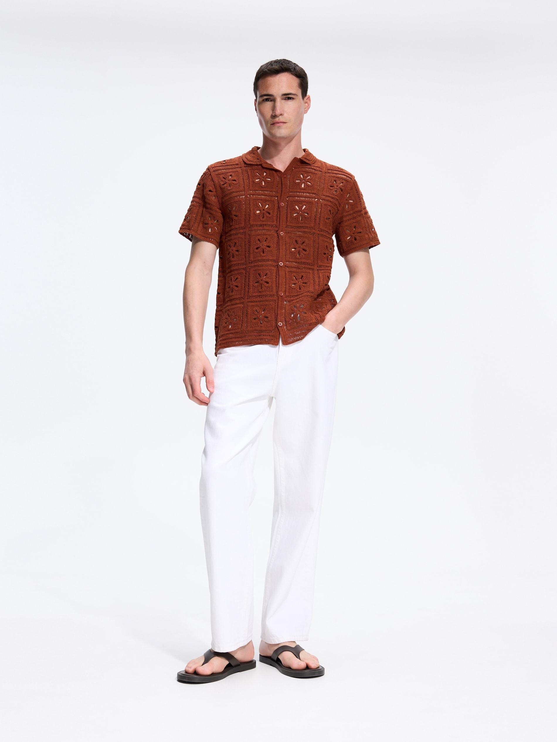 Brown Broderie Anglaise Cotton Shirt, Brown, medium