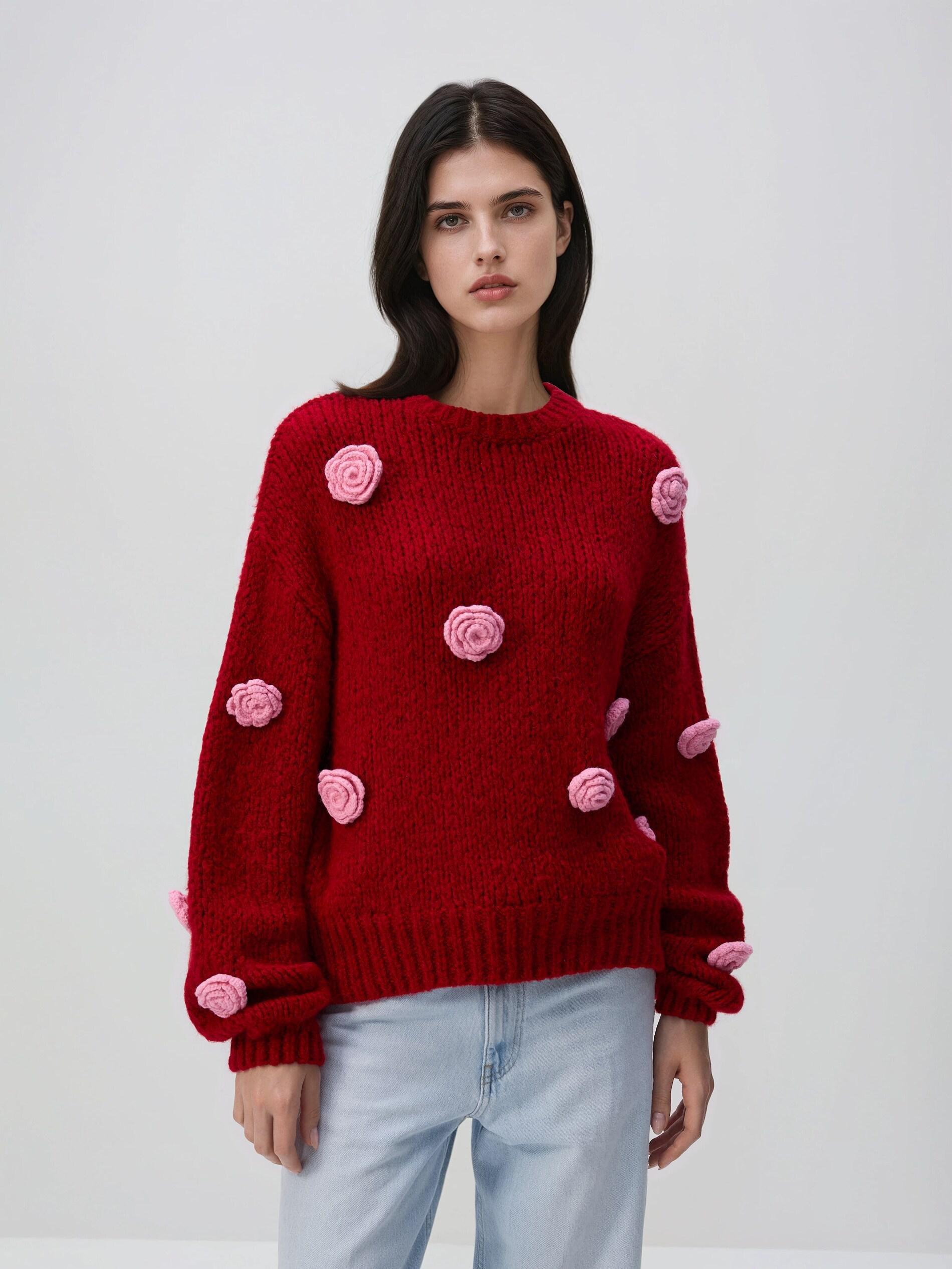 Red Sweater With Roses, Red, large image number 1