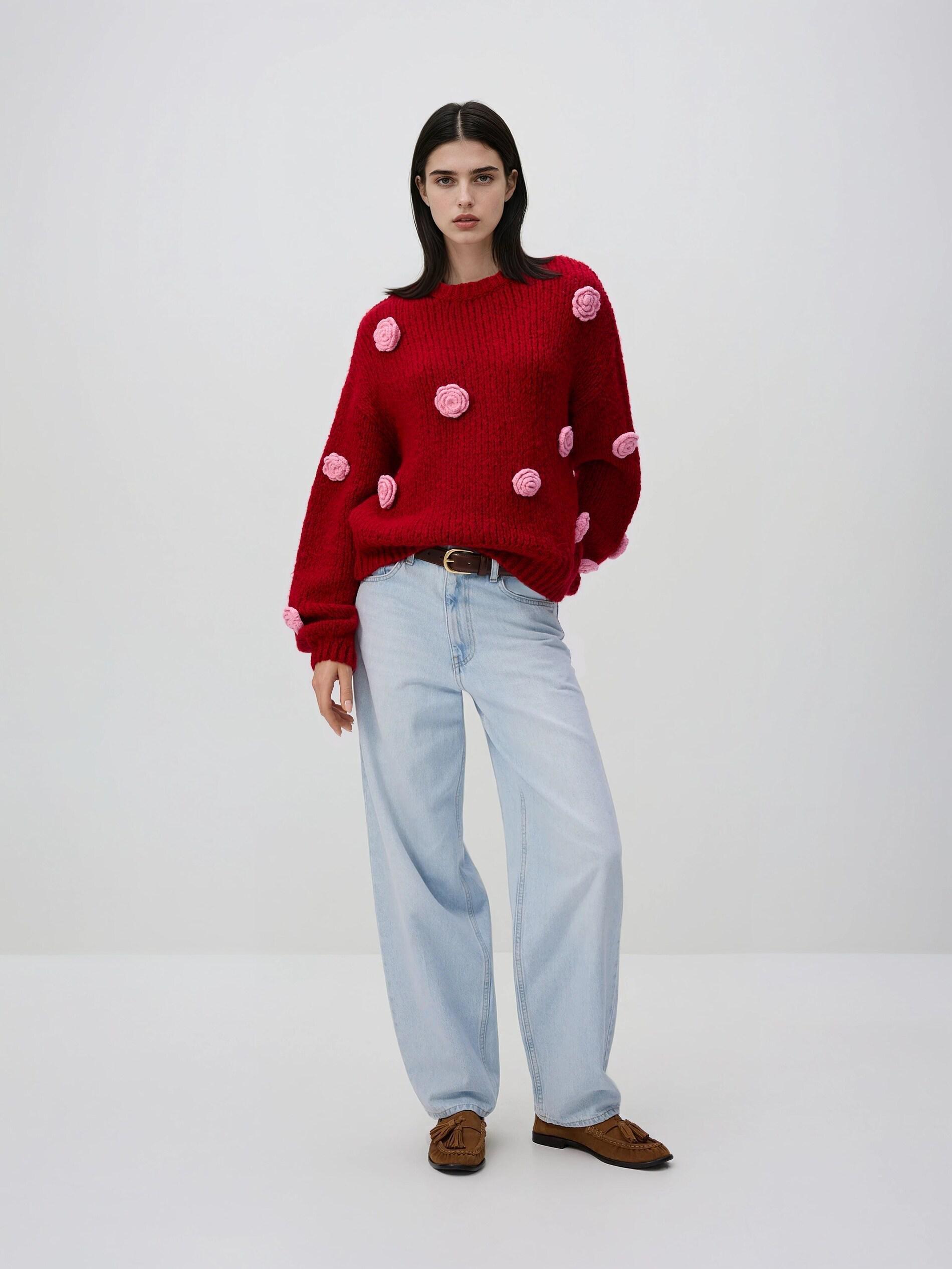 Red Sweater With Roses, Red, large image number 2