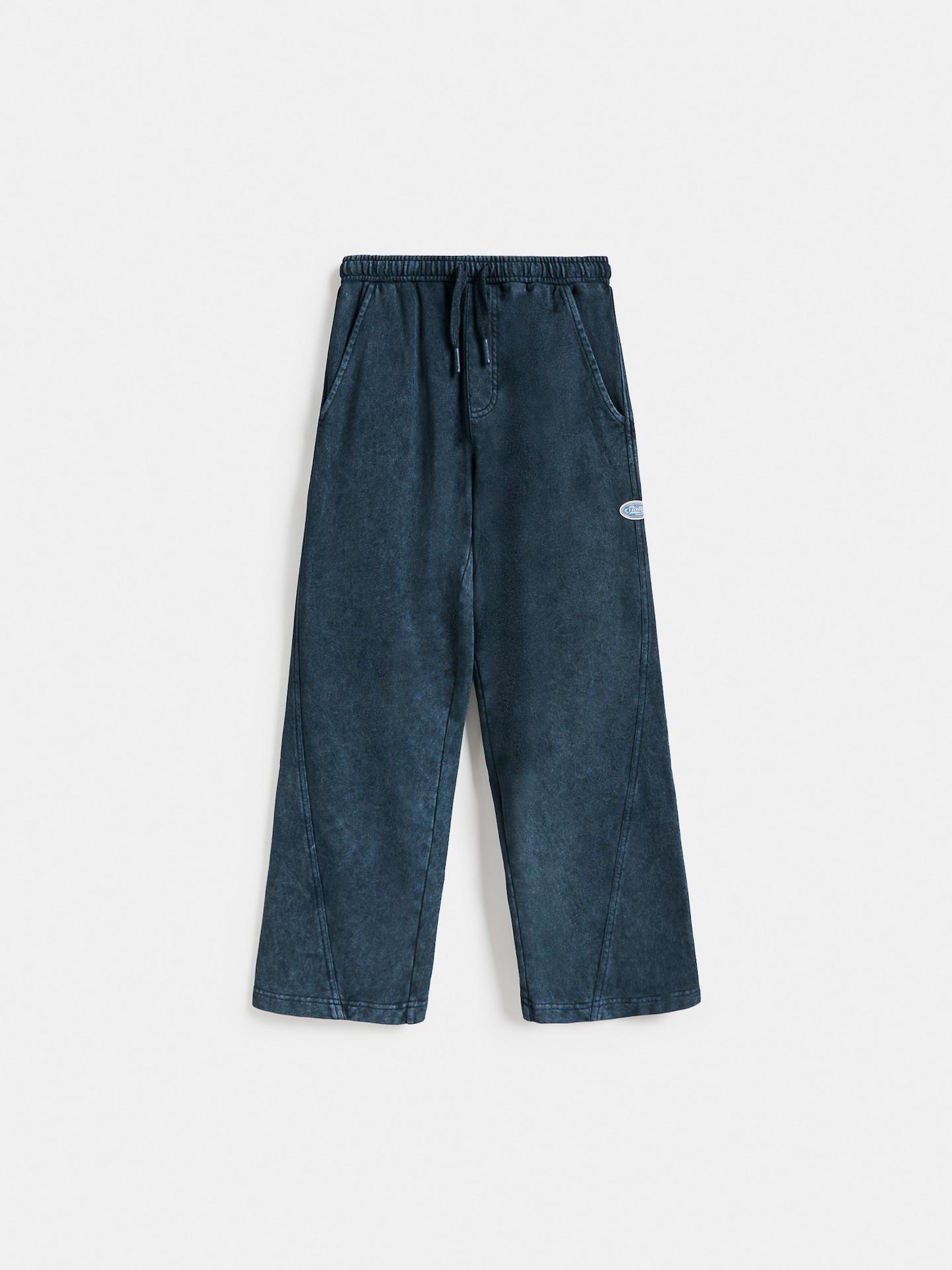 Navy Wide Leg Trousers With Washed Effect, Navy, medium