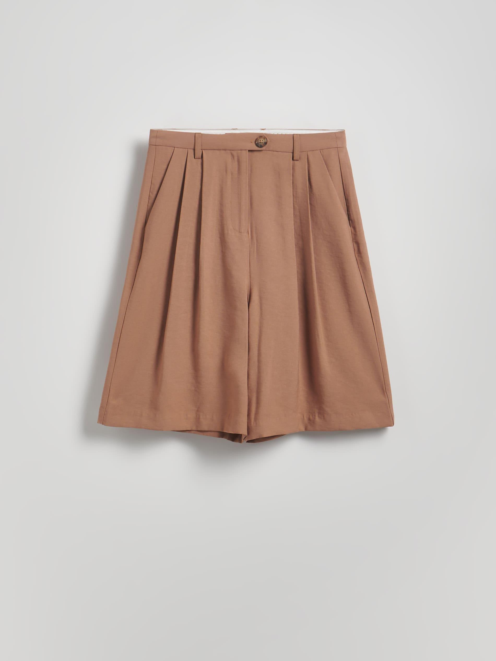 Golden Brown Bermuda Shorts With Pleats, Brown, medium