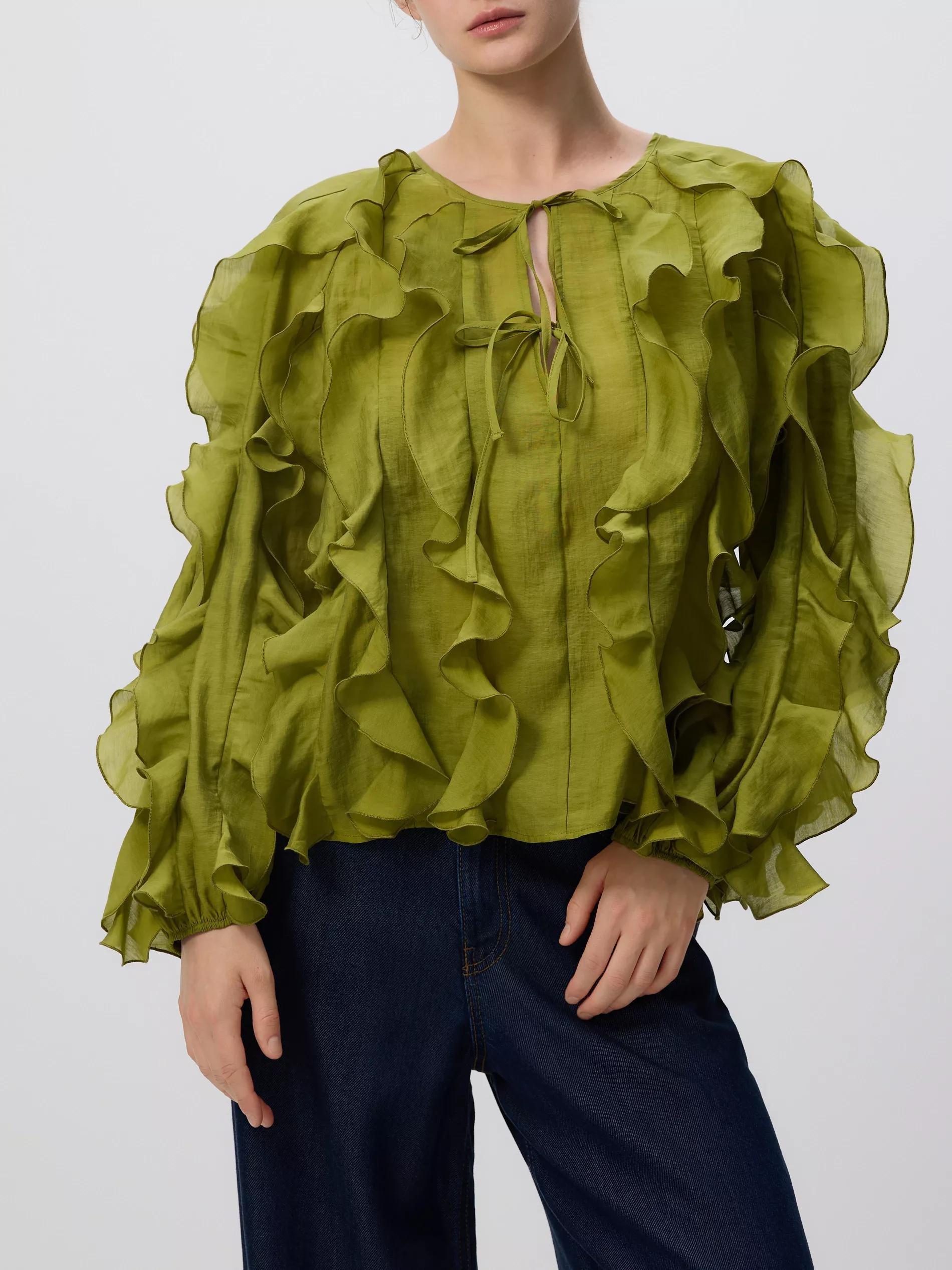Green Ruffle Blouse, , large image number 0