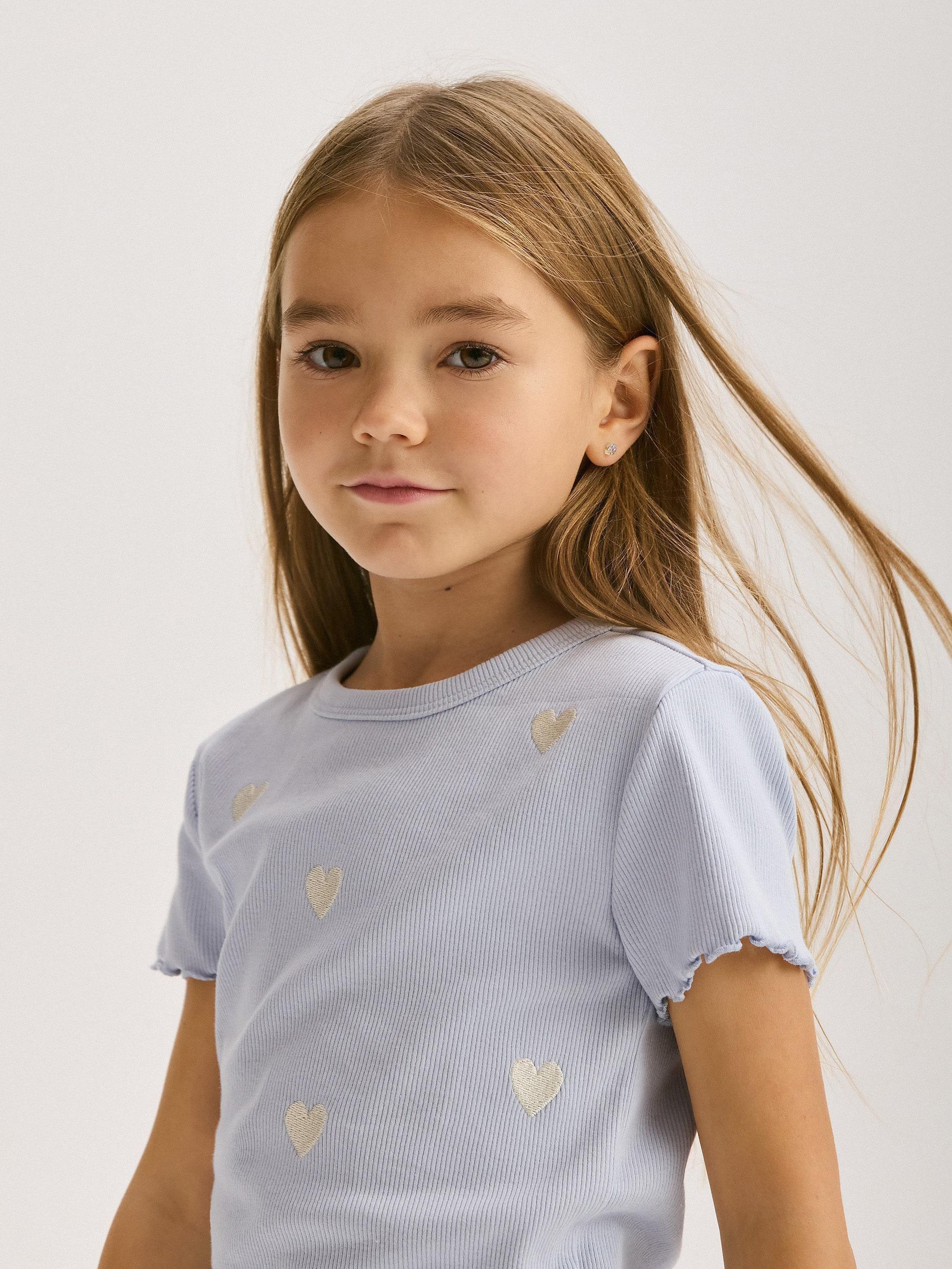 Blue Embroidered Pattern T-Shirt, Kids Girls, , large image number 0