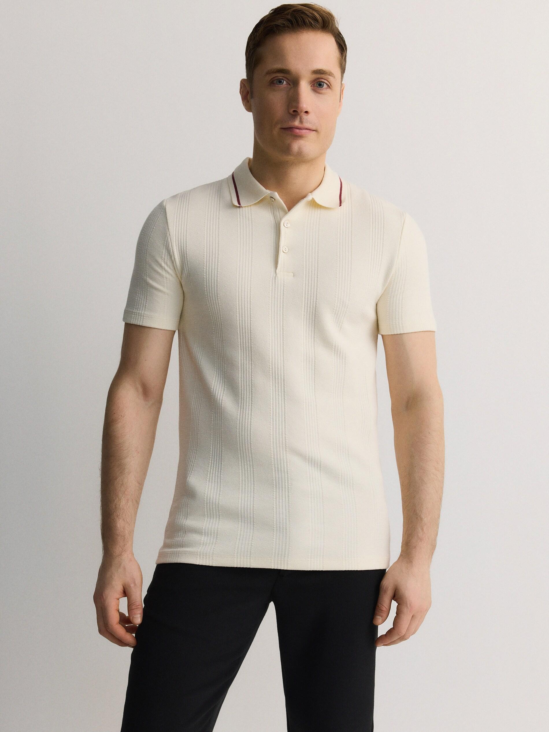 Cream Regular Fit Polo Shirt In Structured Material, Ivory, medium