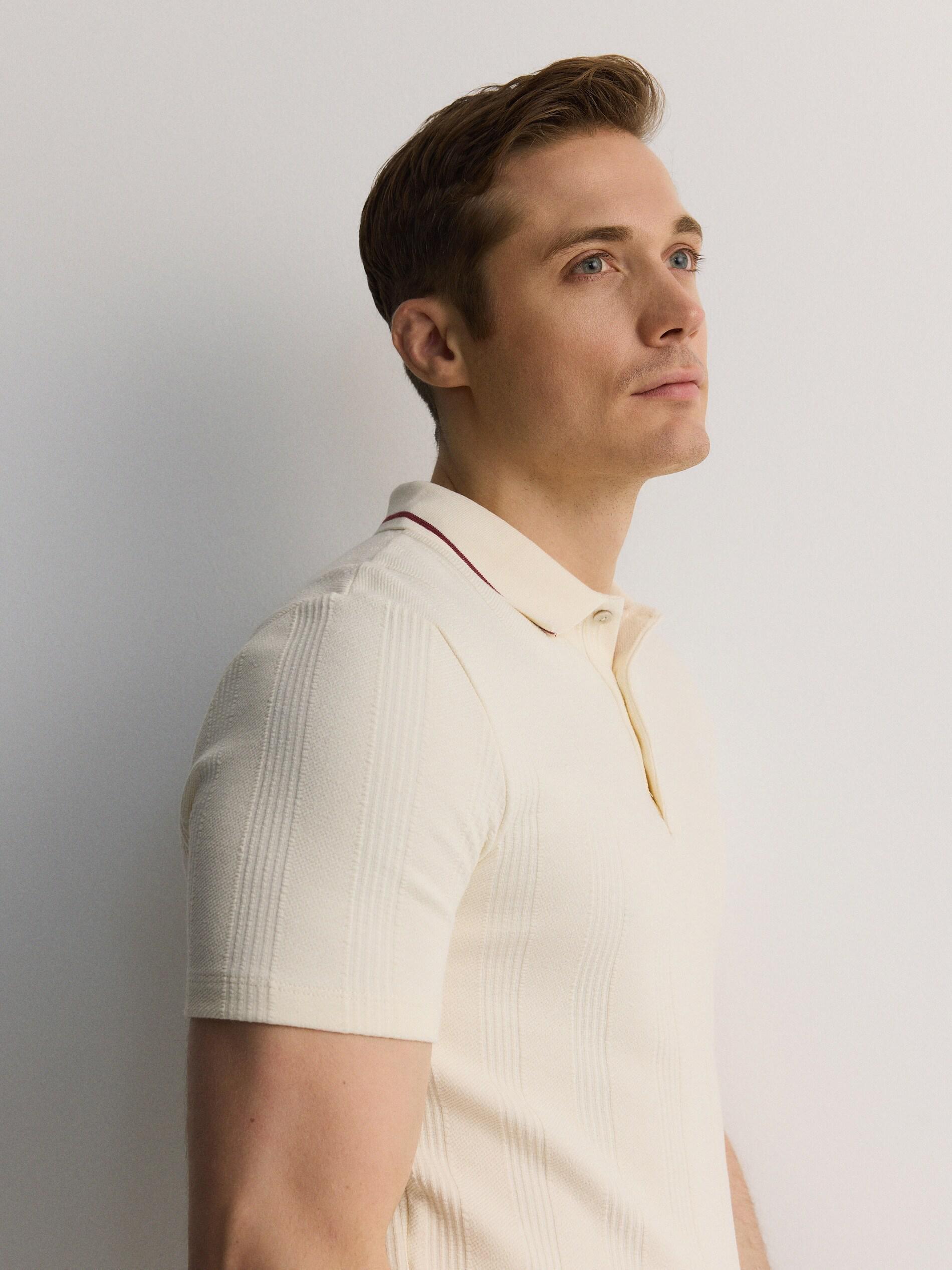 Cream Regular Fit Polo Shirt In Structured Material, Ivory, medium