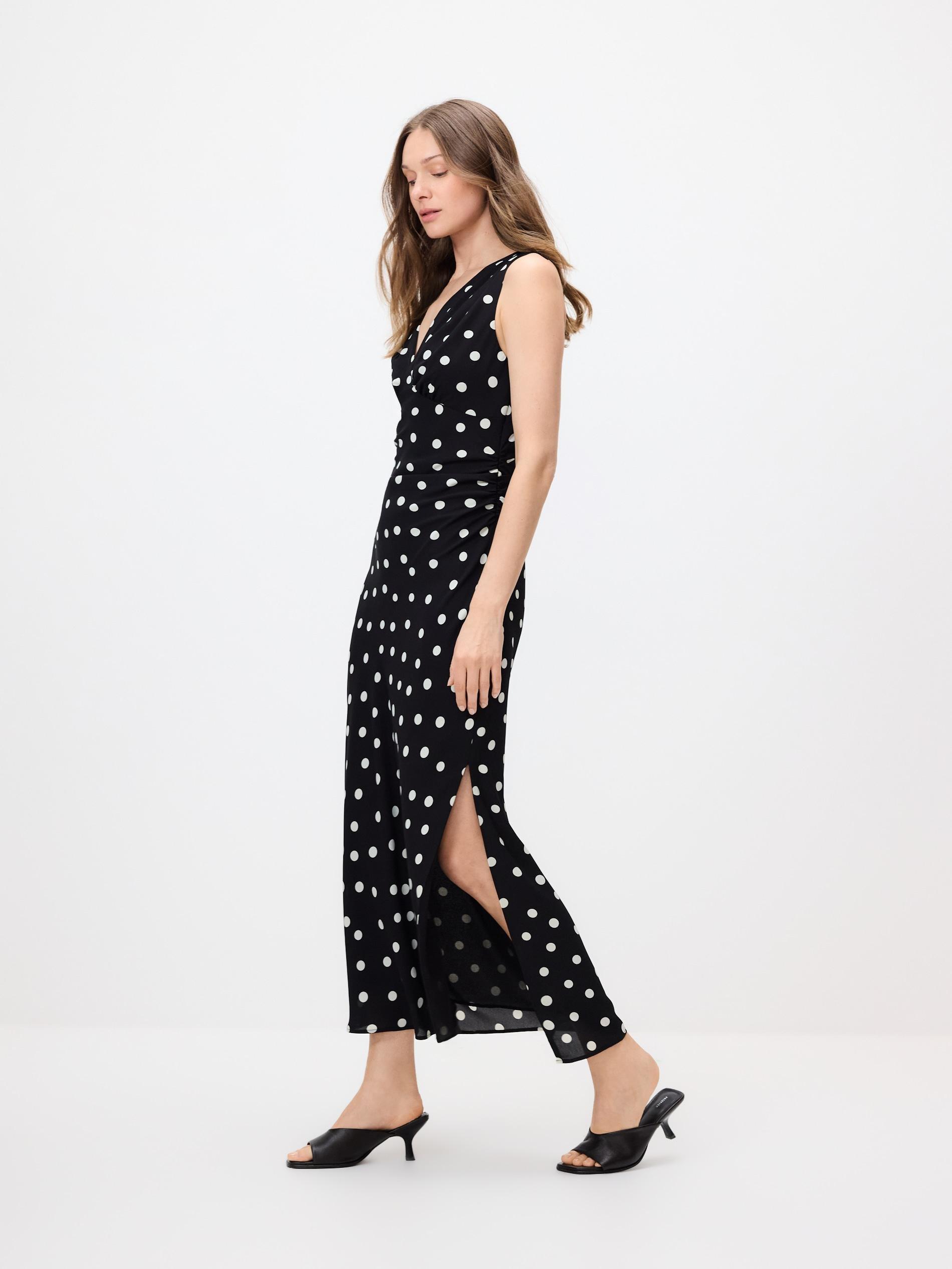 Black Polka Dot Midi Dress, Black, large image number 0