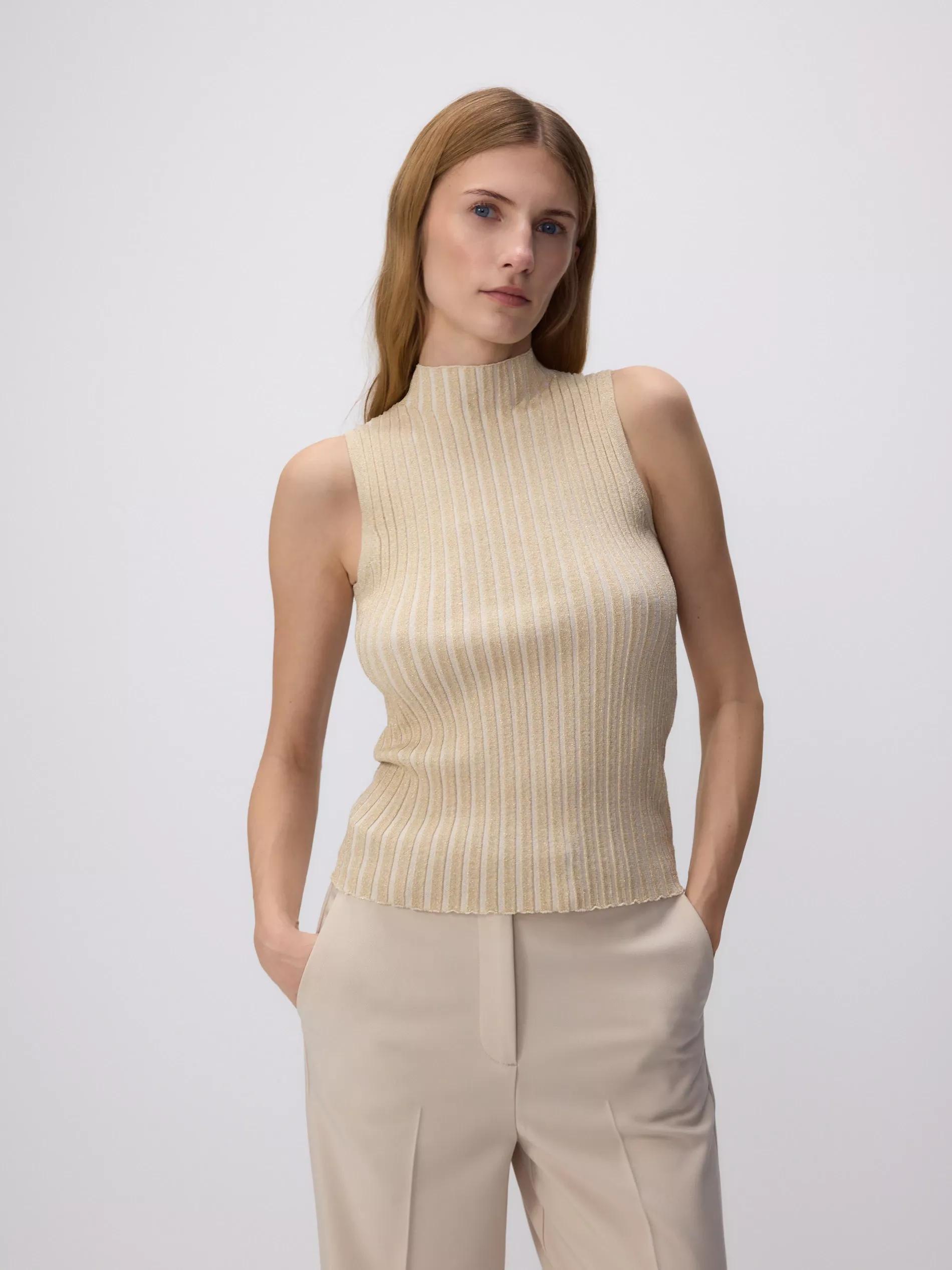 Beige Ribbed Knit Top, , large image number 2