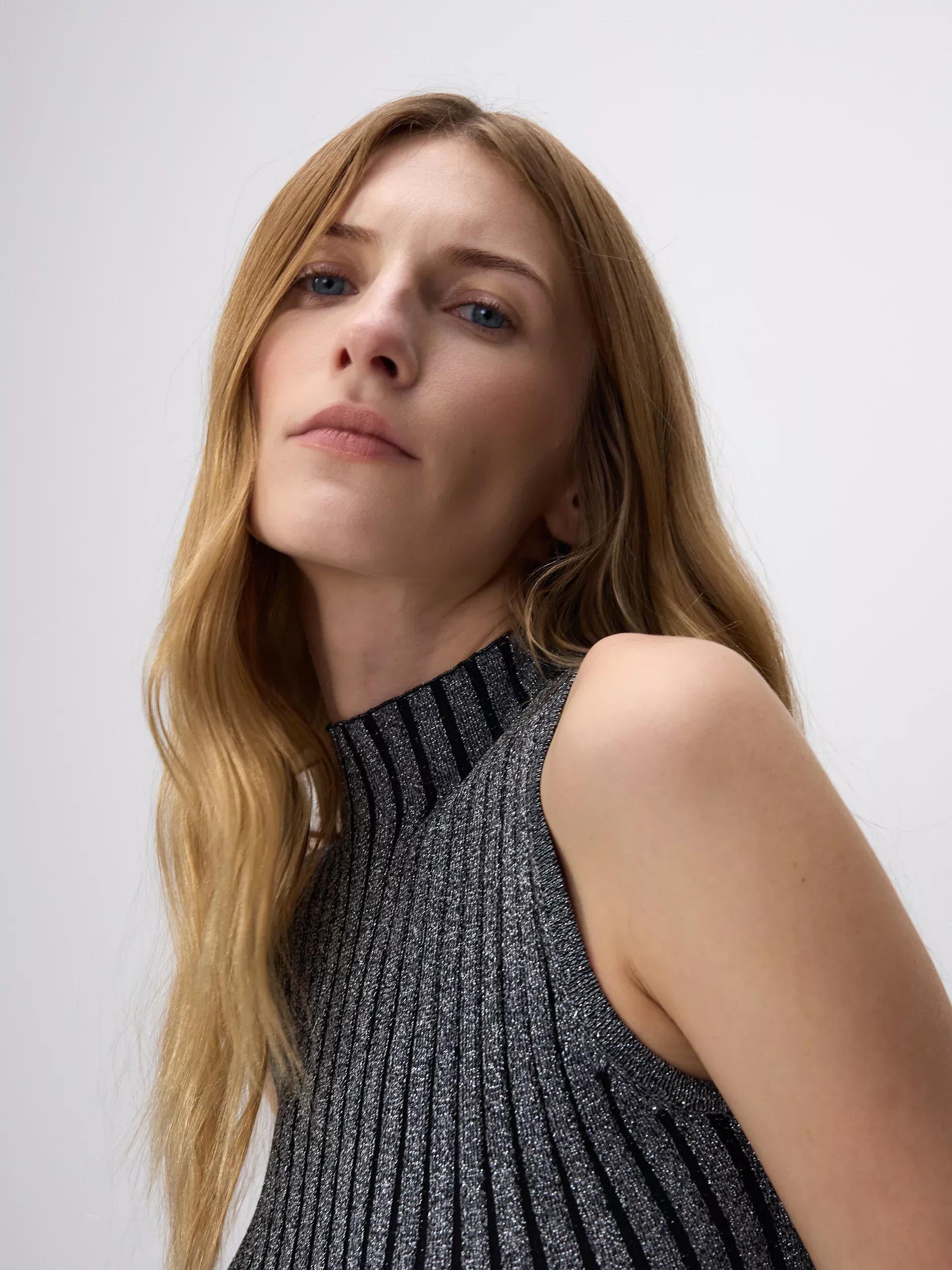 Grey Ribbed Knit Top, , large image number 0