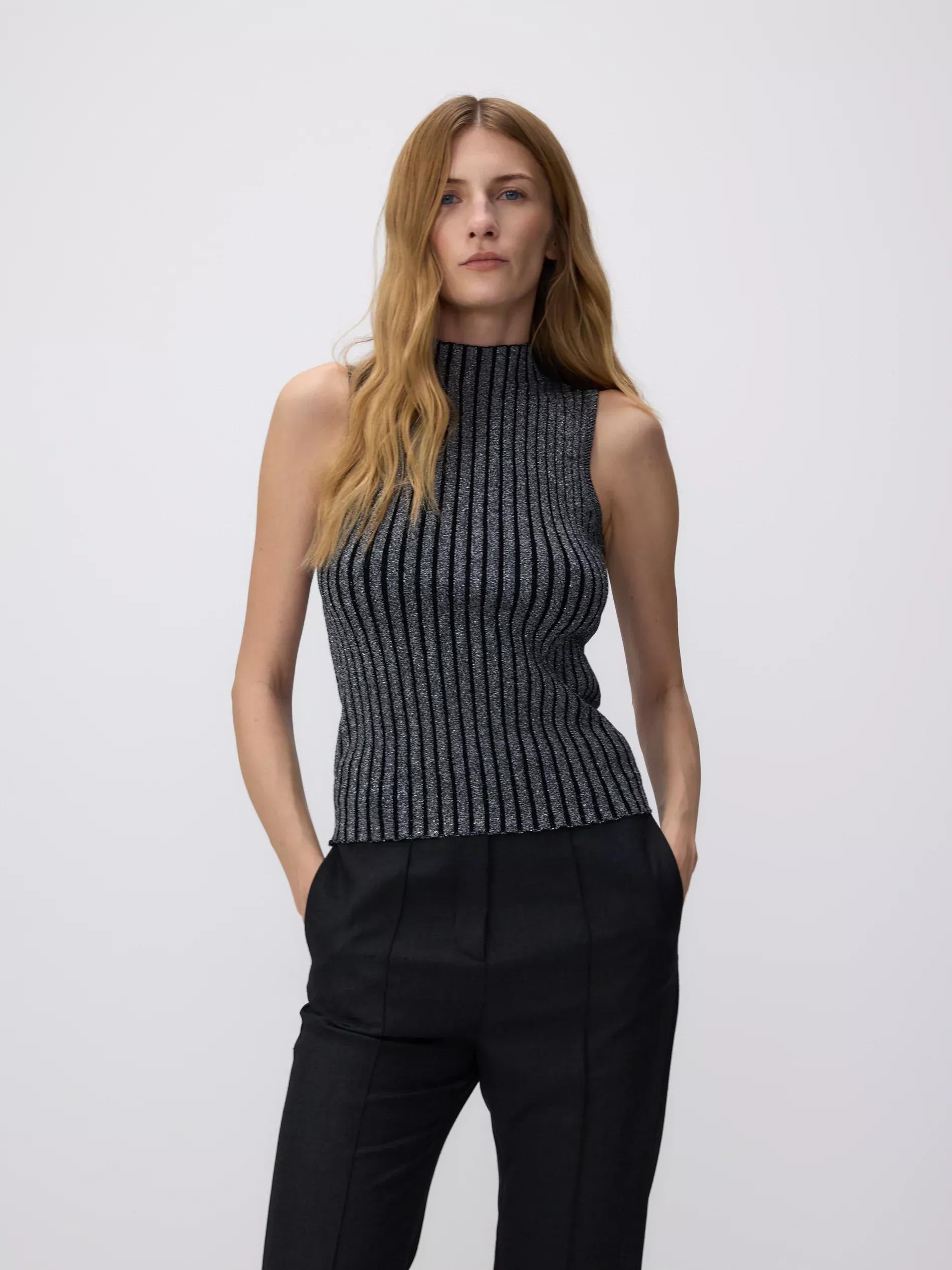 Grey Ribbed Knit Top, , large image number 2