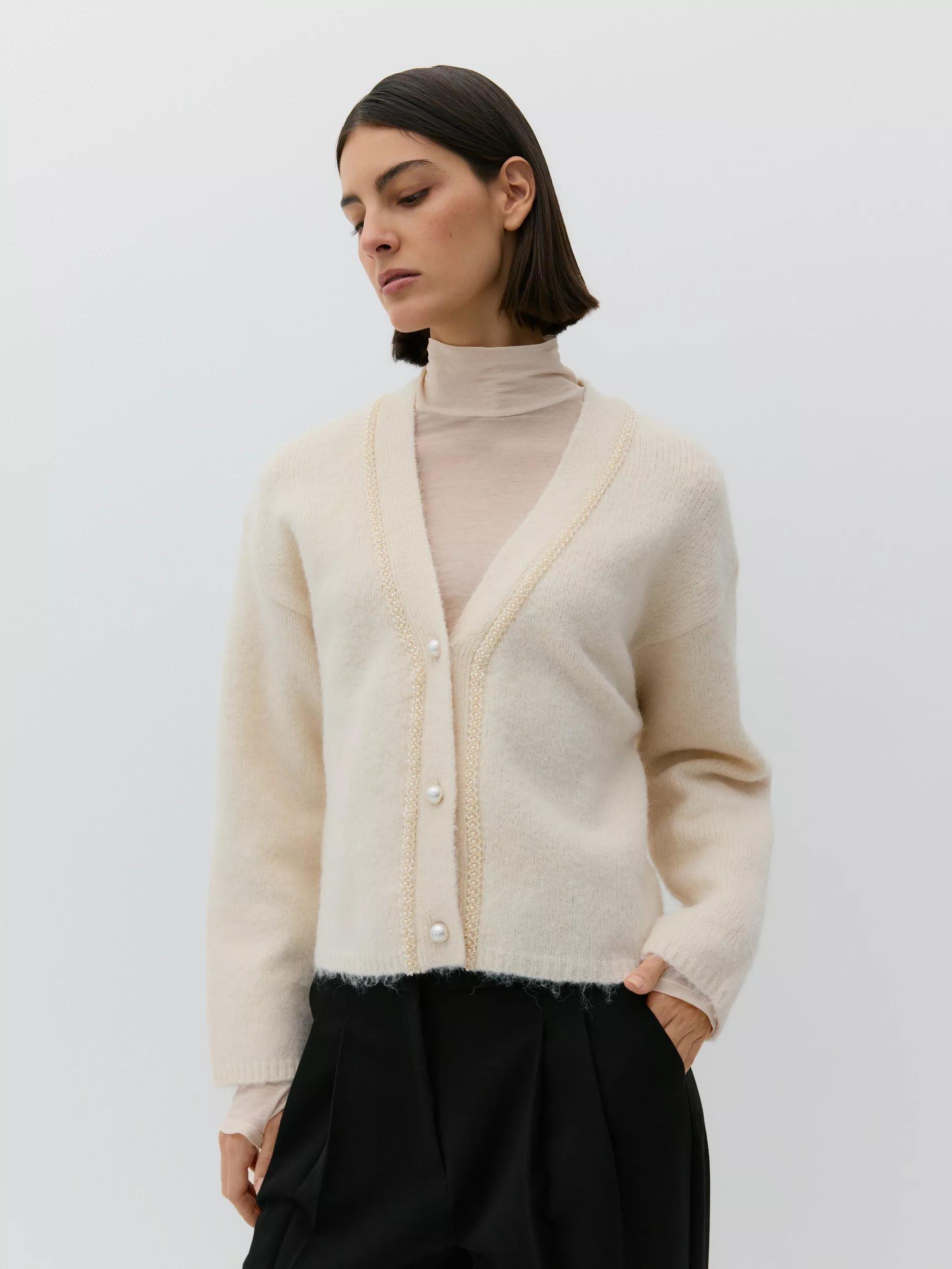 Beige V-Neck Long Sleeve Sweater, , large image number 0
