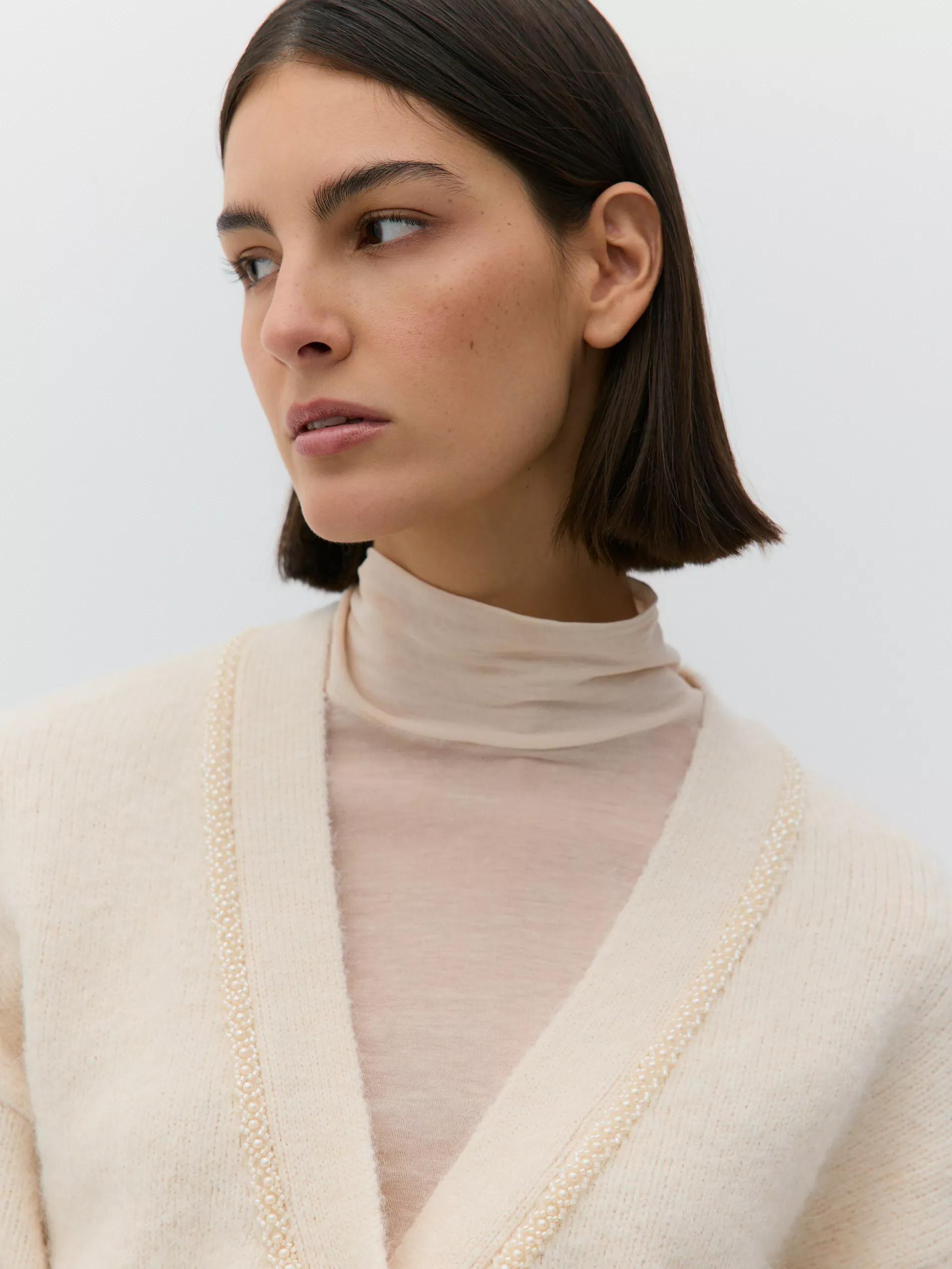 Beige V-Neck Long Sleeve Sweater, , large image number 3
