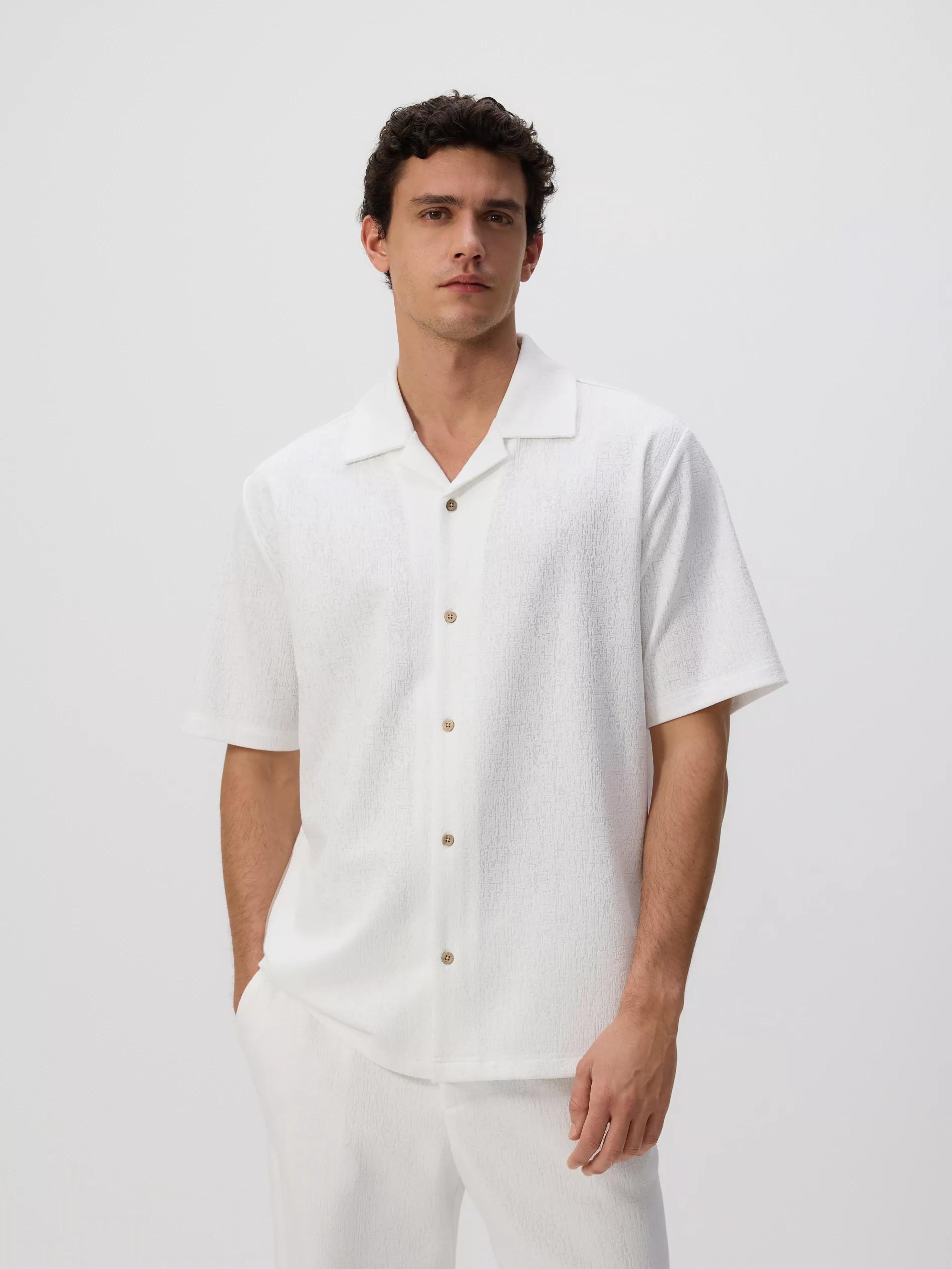 Cream Comfort Fit Structural Fabric Shirt, Ivory, medium