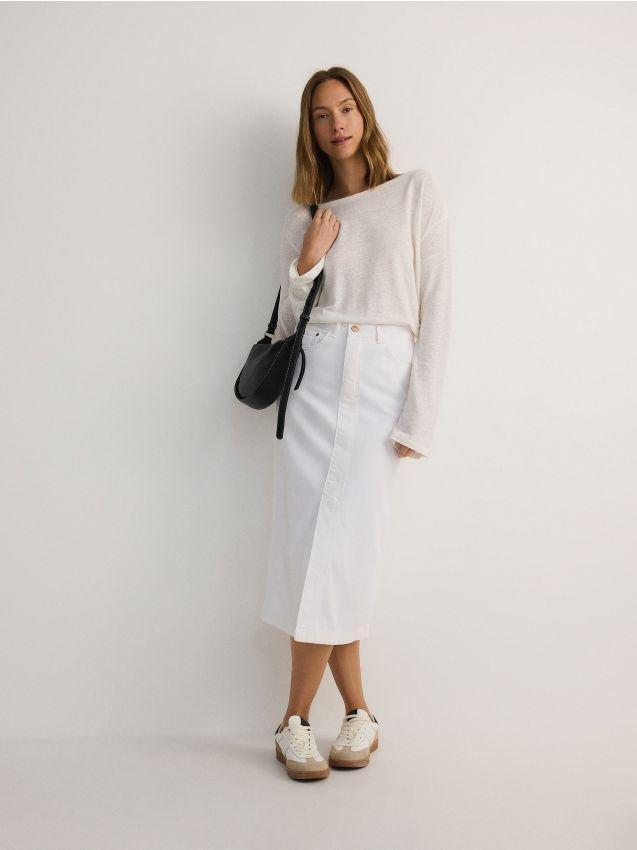White Denim Midi Skirt, , large image number 0