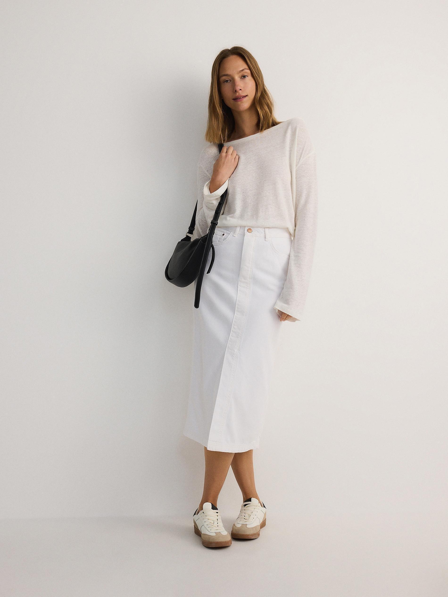 White Denim Midi Skirt, , large image number 1