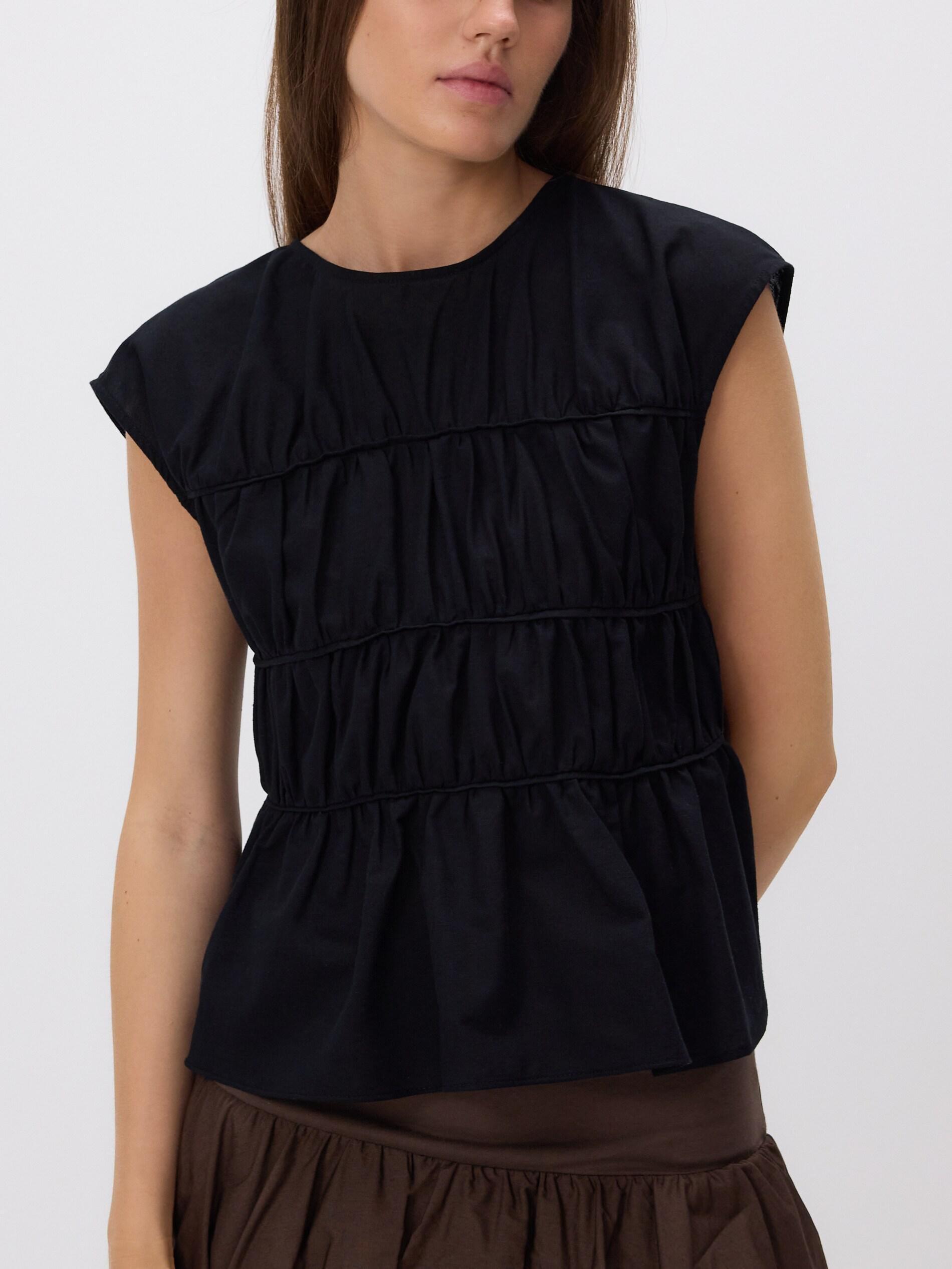 Black Ruched Blouse With Linen Blend, Black, large image number 0