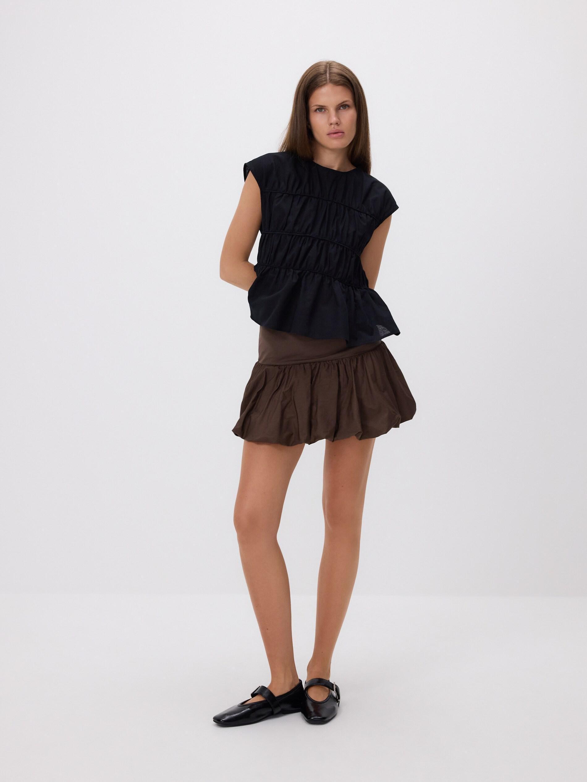 Black Ruched Blouse With Linen Blend, Black, medium