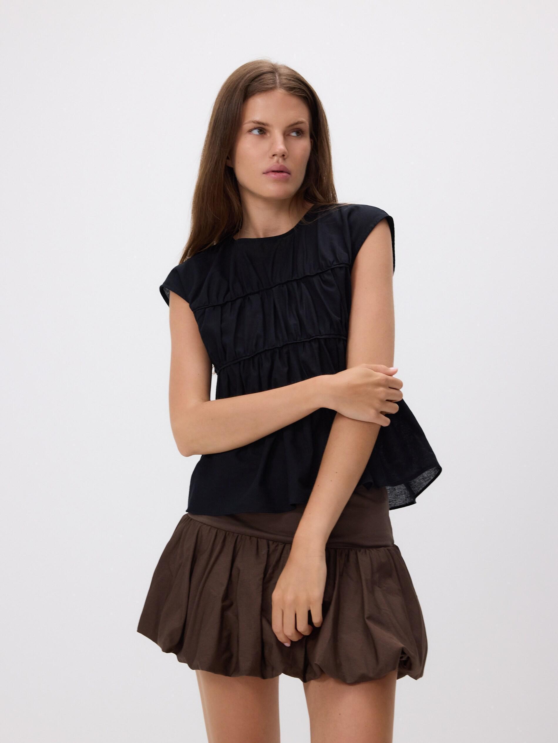 Black Ruched Blouse With Linen Blend, Black, medium