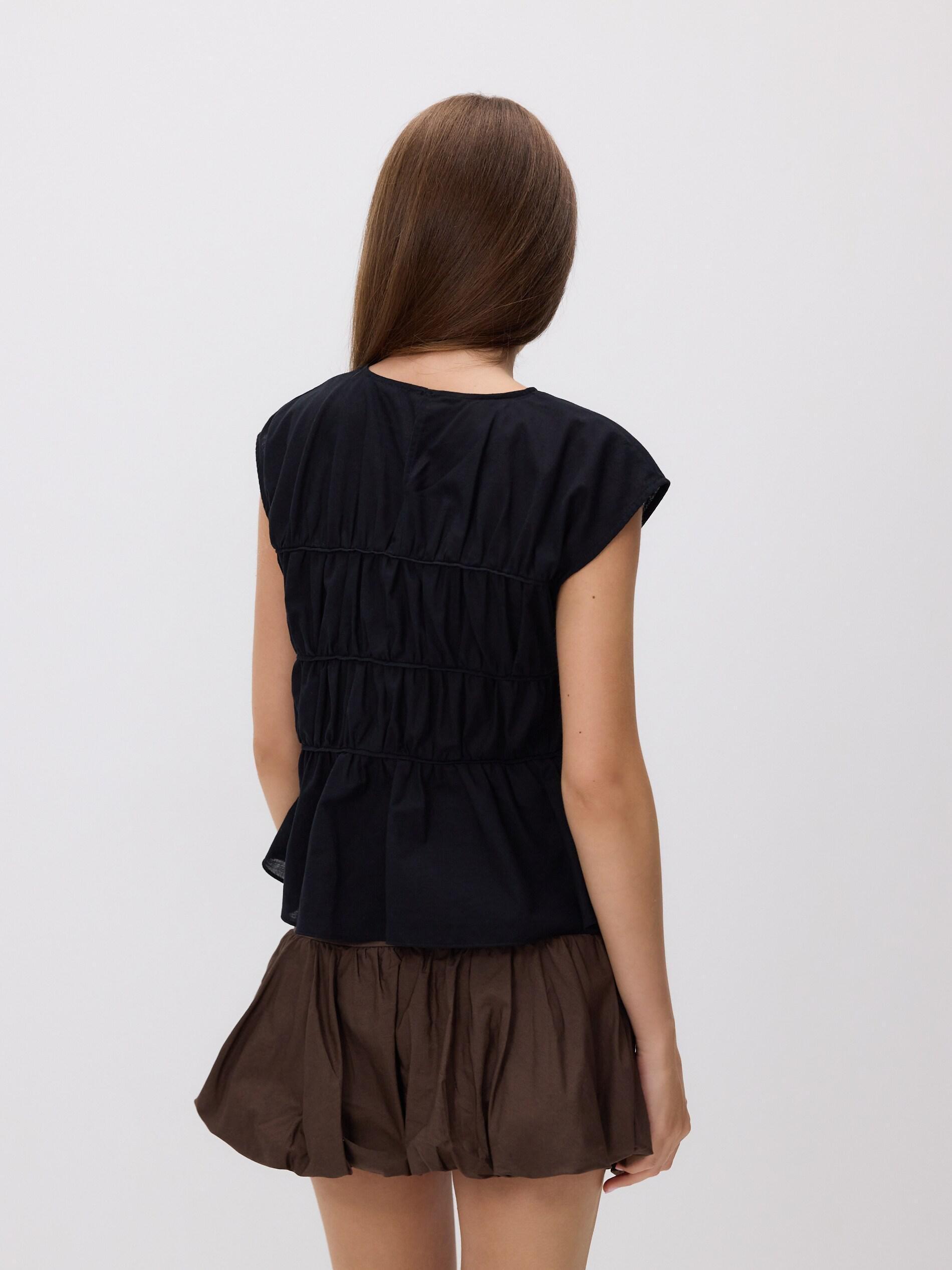 Black Ruched Blouse With Linen Blend, Black, large image number 3
