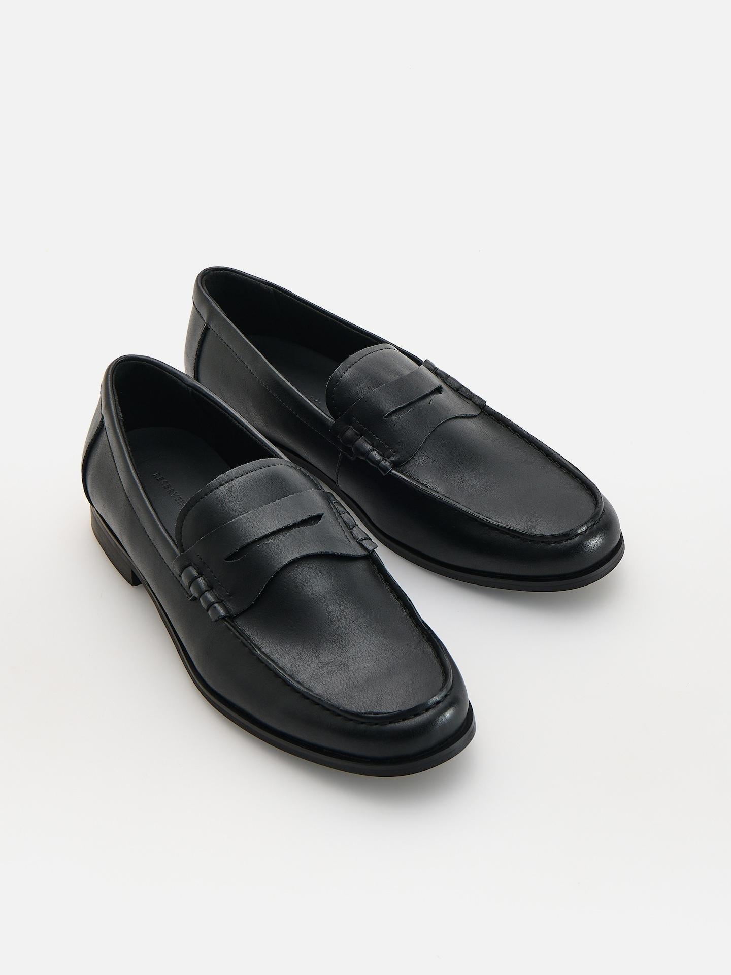 Black Leather Loafers, Black, medium
