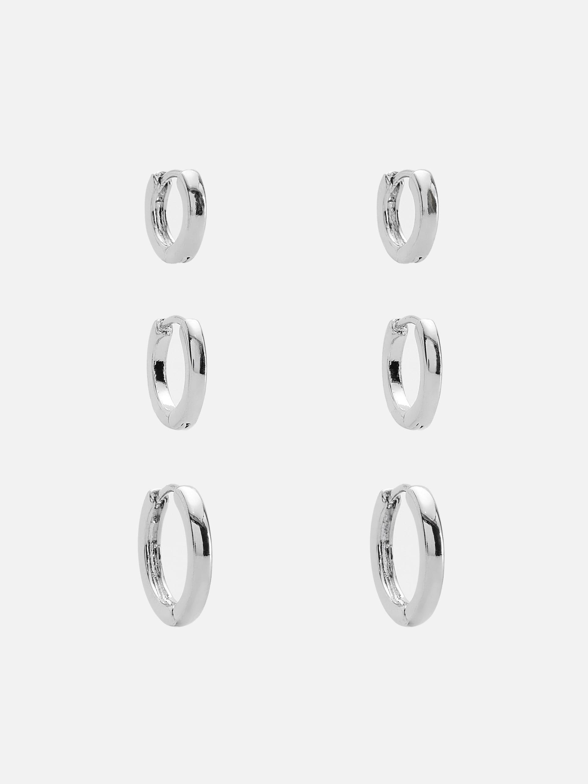 Silver Set Of Round Earrings, Silver, medium