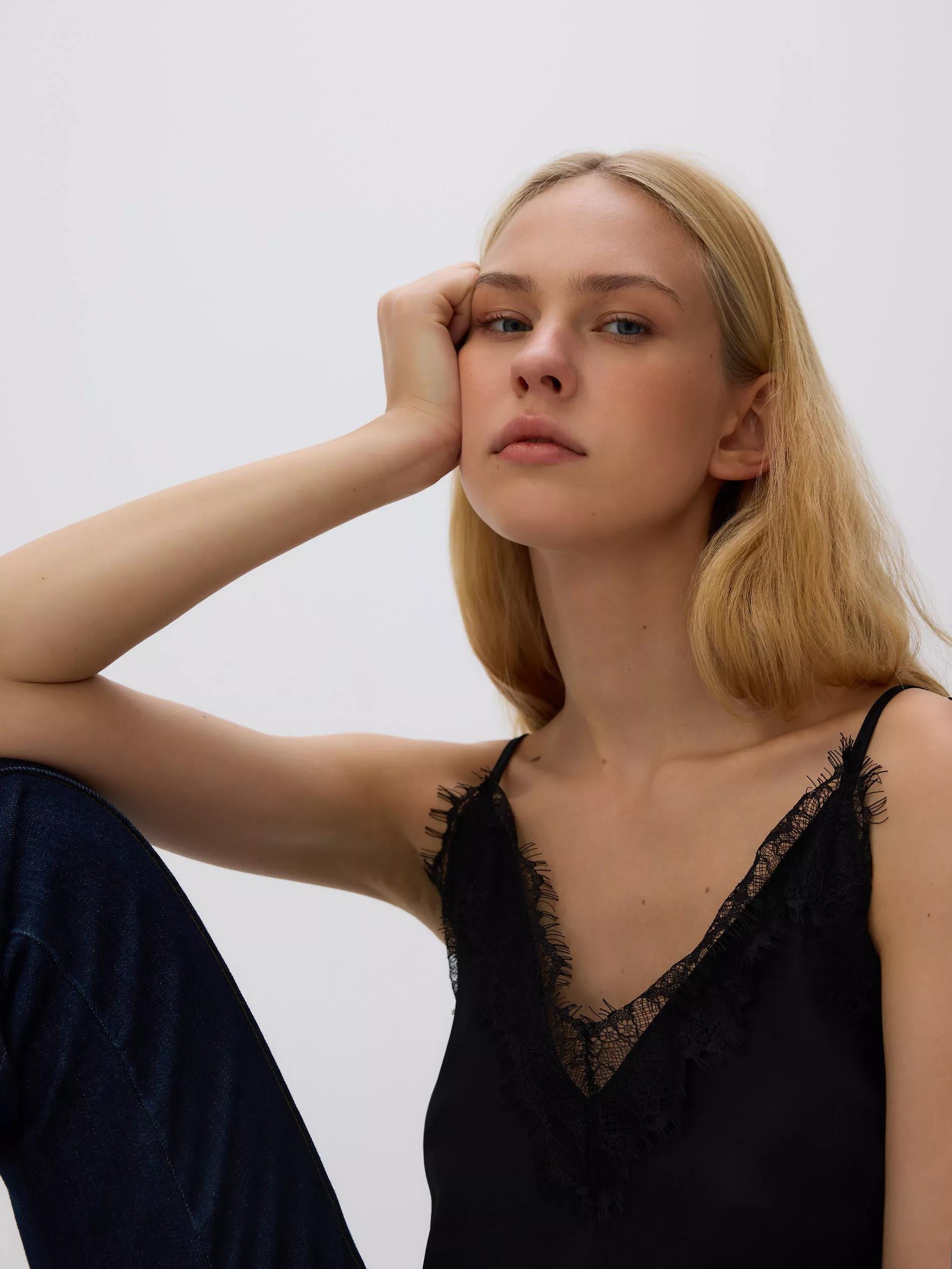 BLACK Top with lace, Black, large image number 2