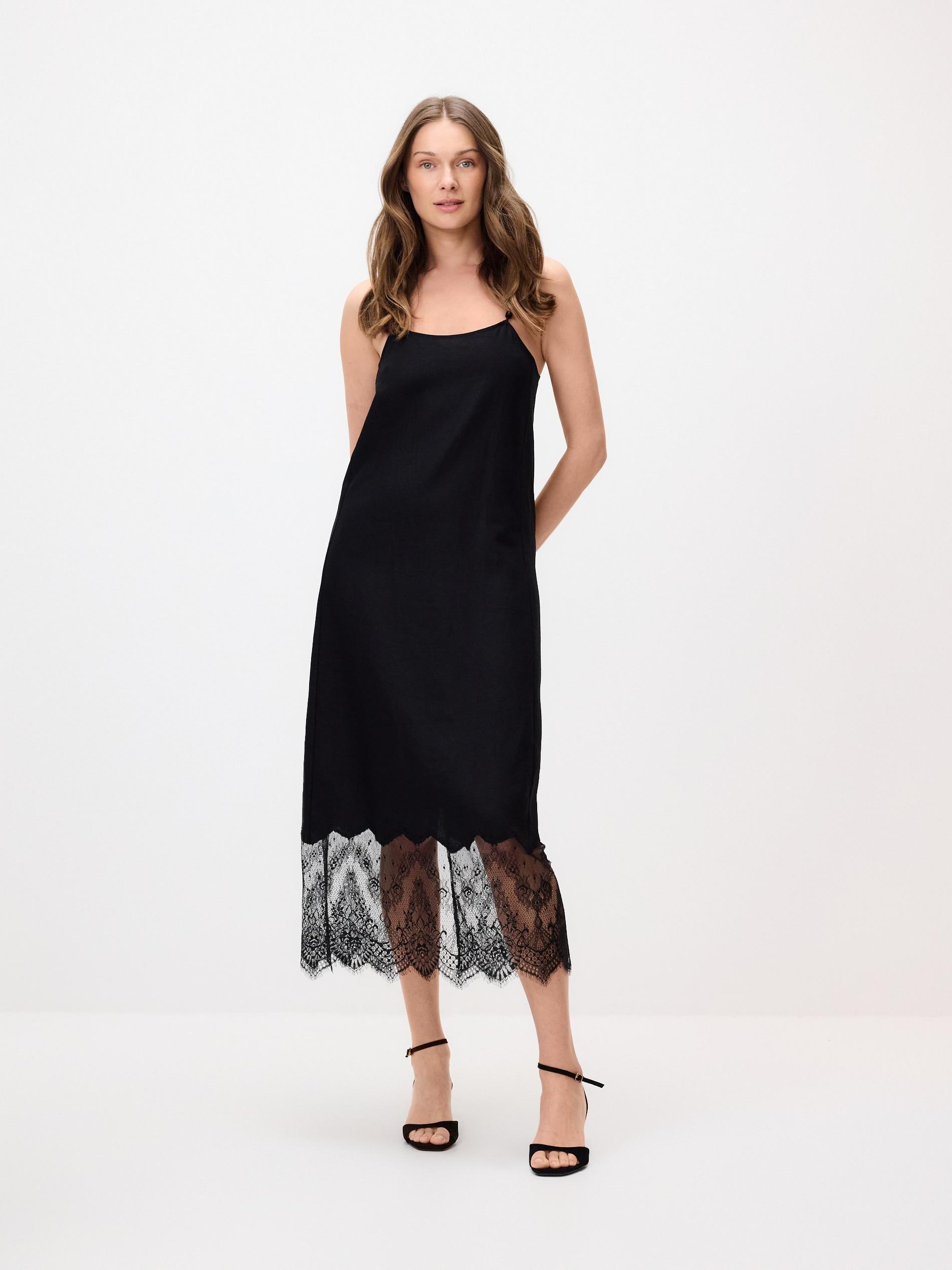 Black Linen Rich Dress, Black, large image number 0