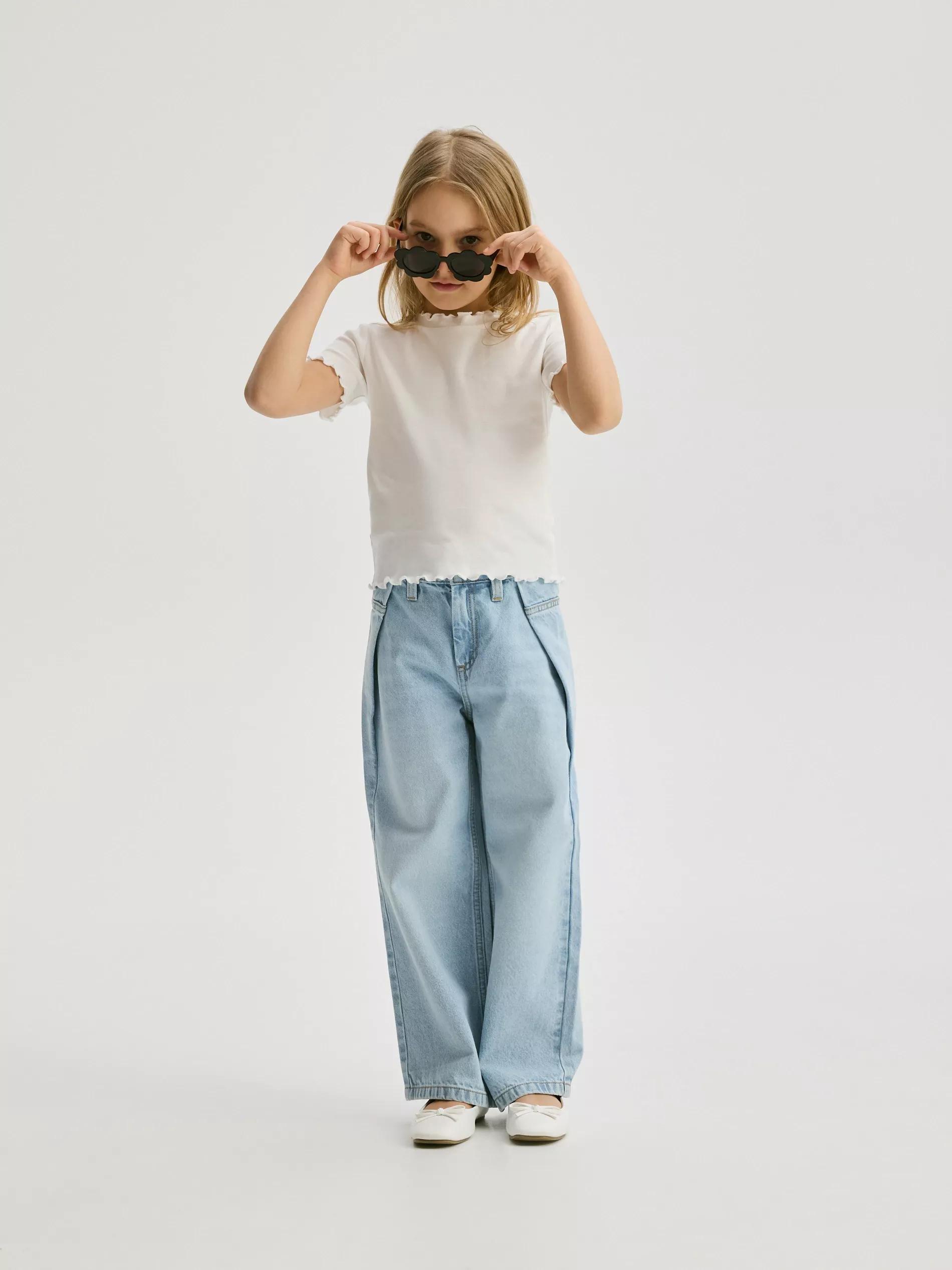 Blue Wide Leg Jeans With Pleats, , large image number 0