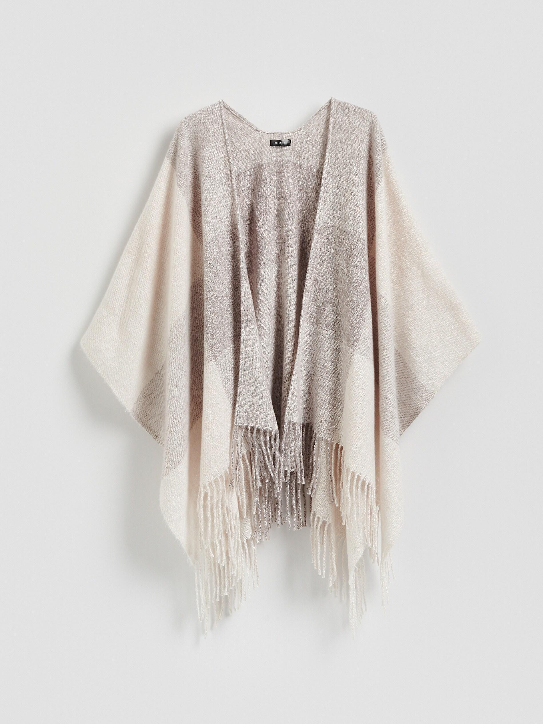 Beige Poncho With Fringes, Beige, medium