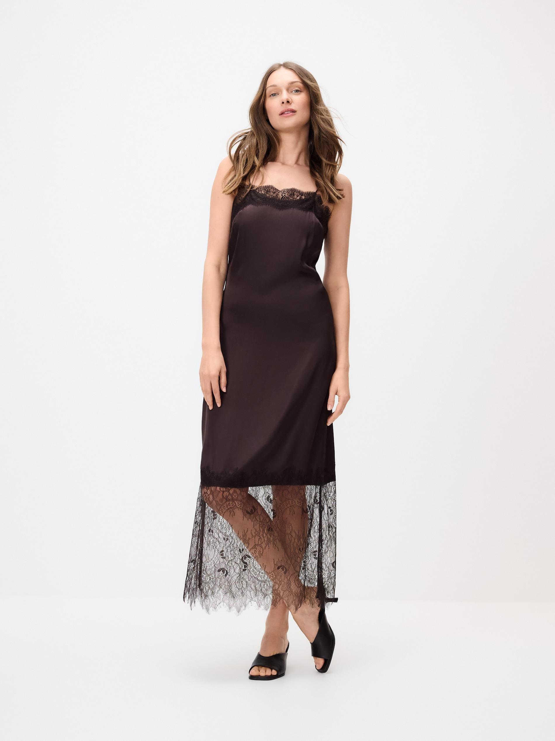 Brown Satin Dress With Lace Detail, Brown, large image number 0